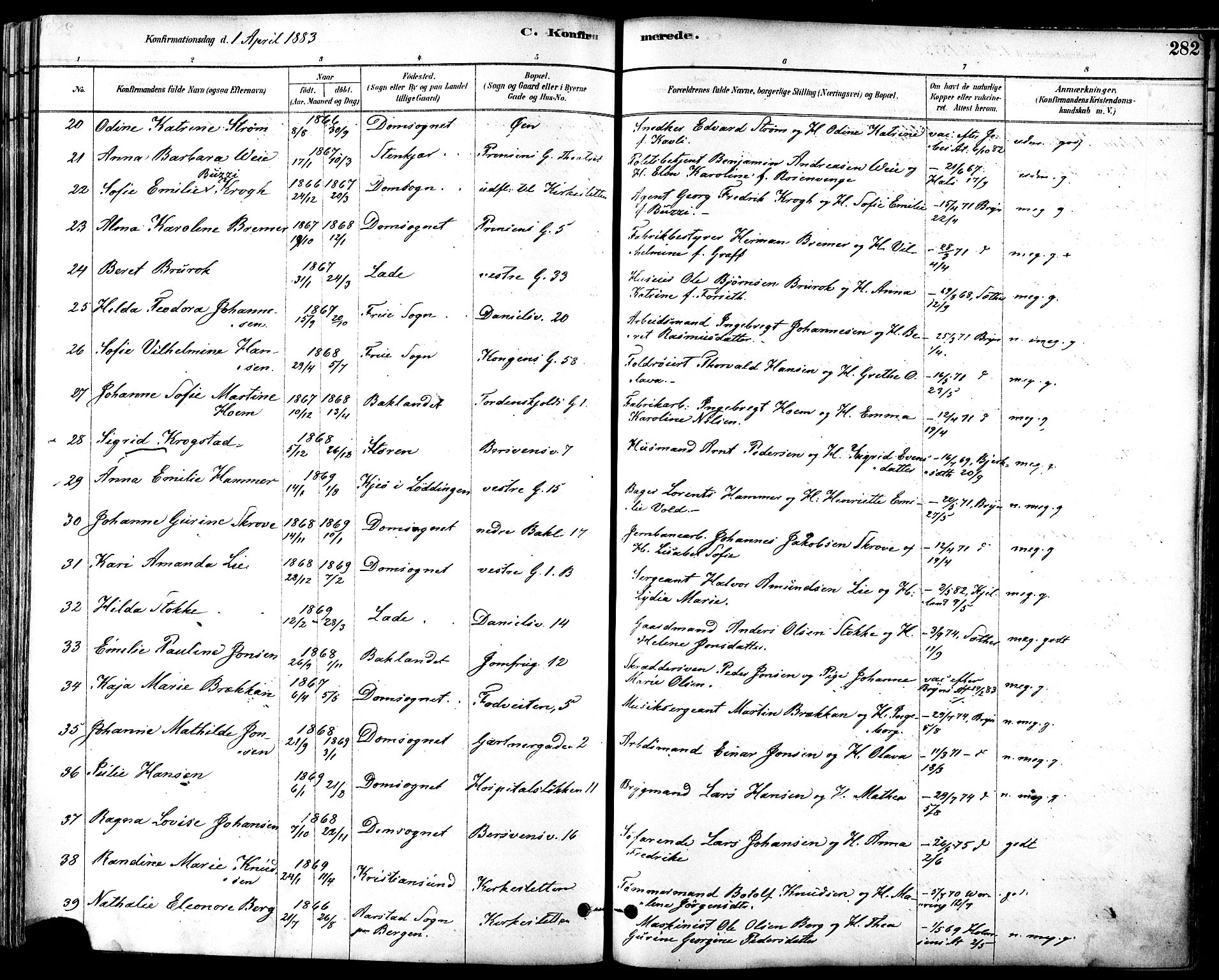 Ministerialprotokoller, klokkerbøker og fødselsregistre - Sør-Trøndelag, SAT/A-1456/601/L0057: Parish register (official) no. 601A25, 1877-1891, p. 282