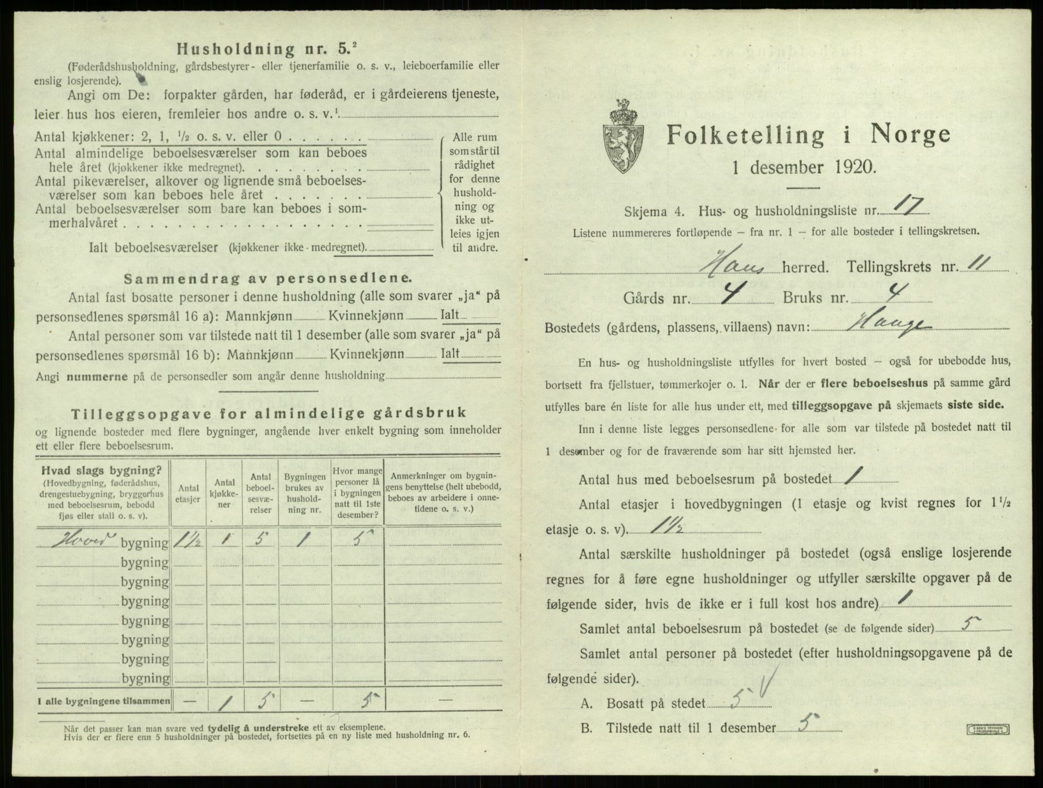 SAB, 1920 census for Haus, 1920, p. 845