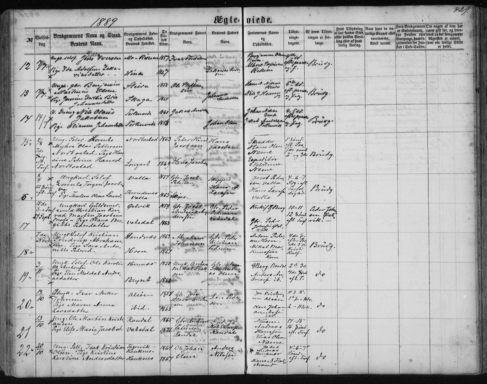 Ministerialprotokoller, klokkerbøker og fødselsregistre - Nordland, AV/SAT-A-1459/838/L0556: Parish register (copy) no. 838C03, 1861-1893, p. 429