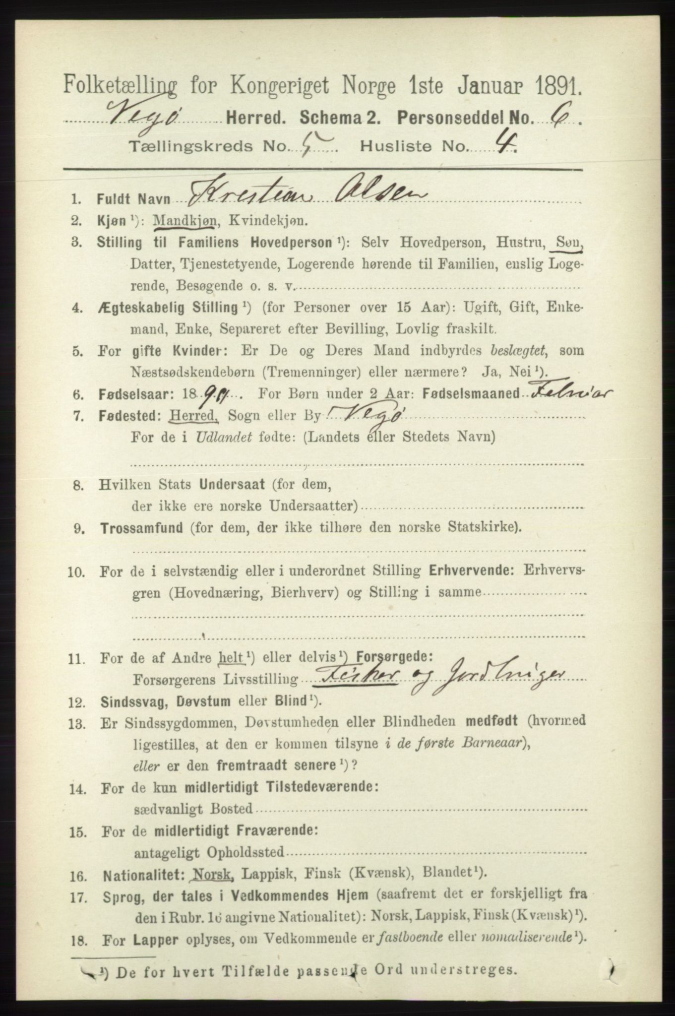 RA, 1891 census for 1815 Vega, 1891, p. 2090