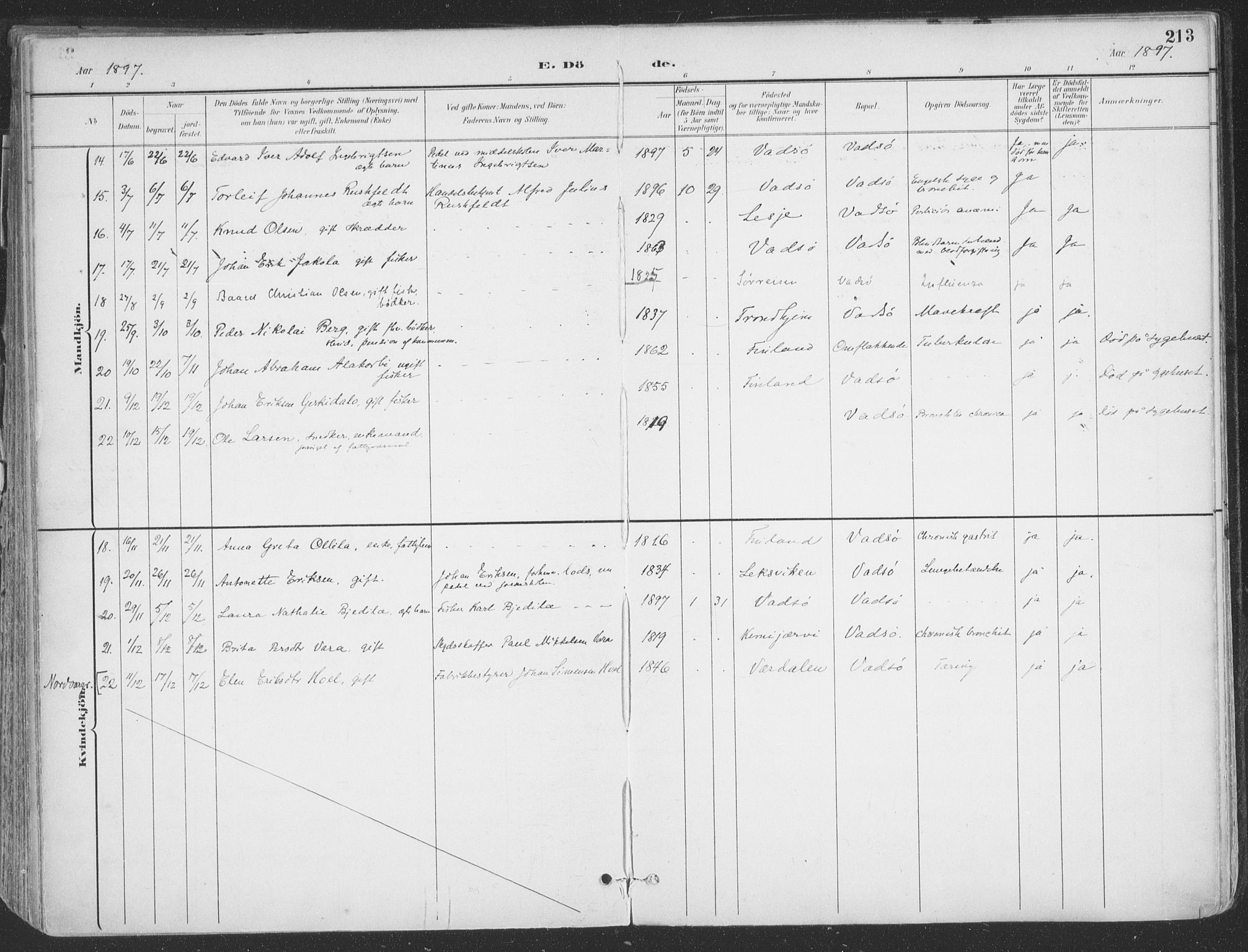 Vadsø sokneprestkontor, AV/SATØ-S-1325/H/Ha/L0007kirke: Parish register (official) no. 7, 1896-1916, p. 213