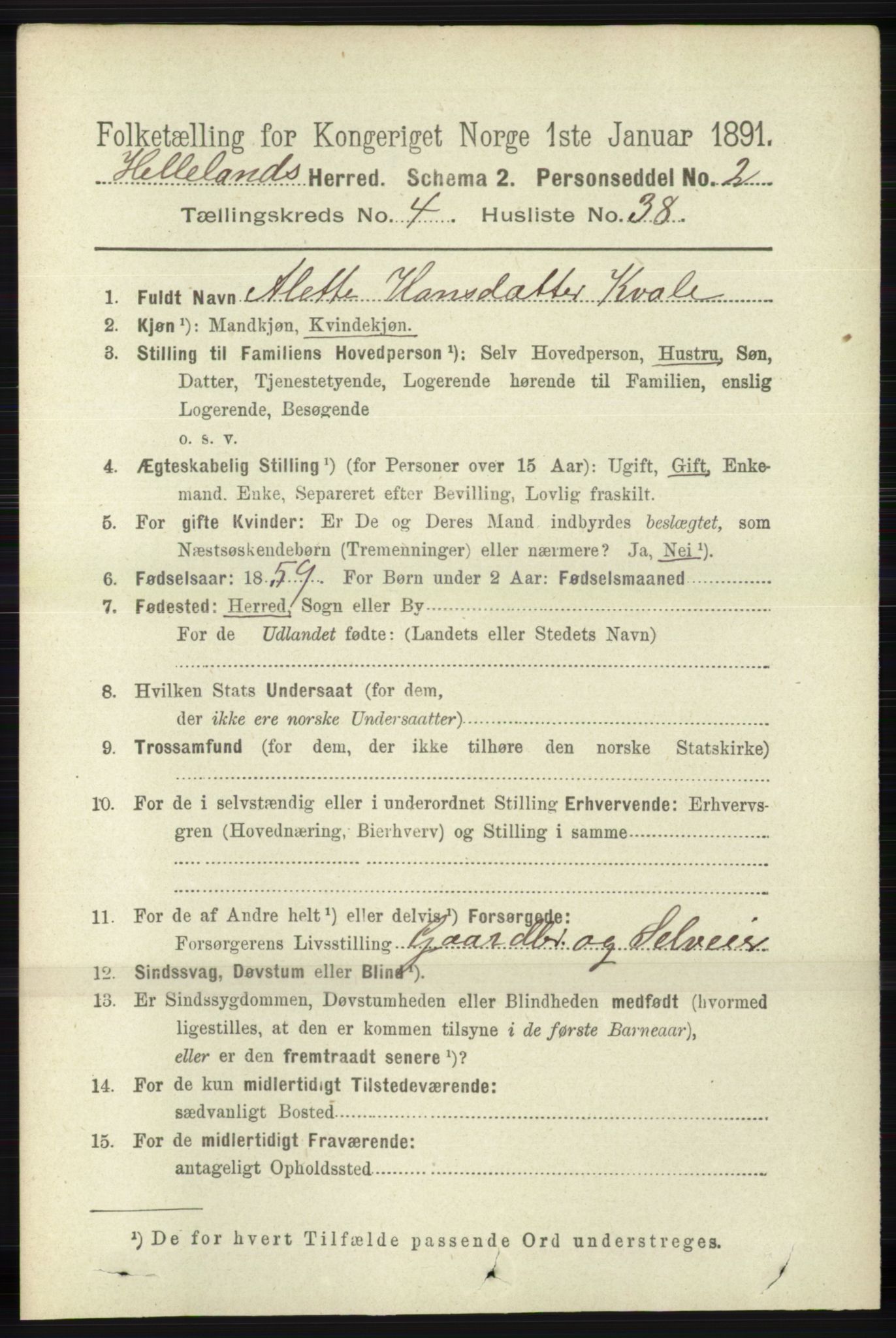 RA, 1891 census for 1115 Helleland, 1891, p. 1402