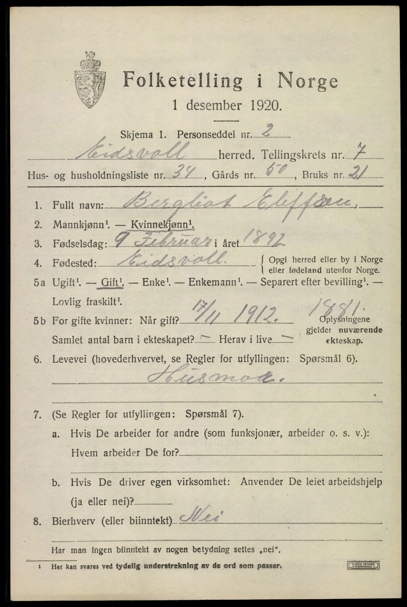 SAO, 1920 census for Eidsvoll, 1920, p. 12313