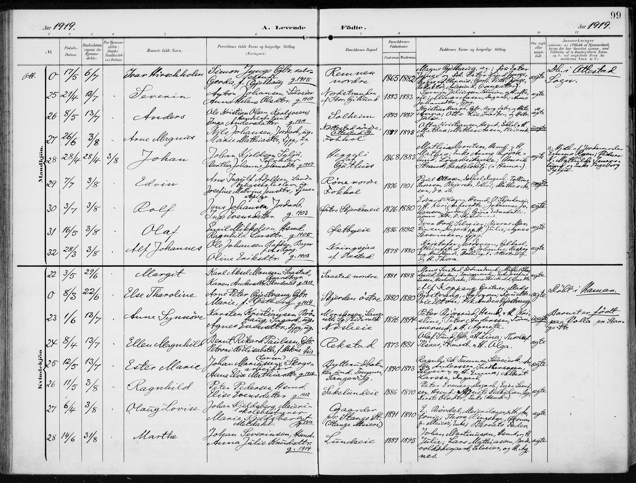 Stange prestekontor, AV/SAH-PREST-002/K/L0024: Parish register (official) no. 24, 1906-1922, p. 99