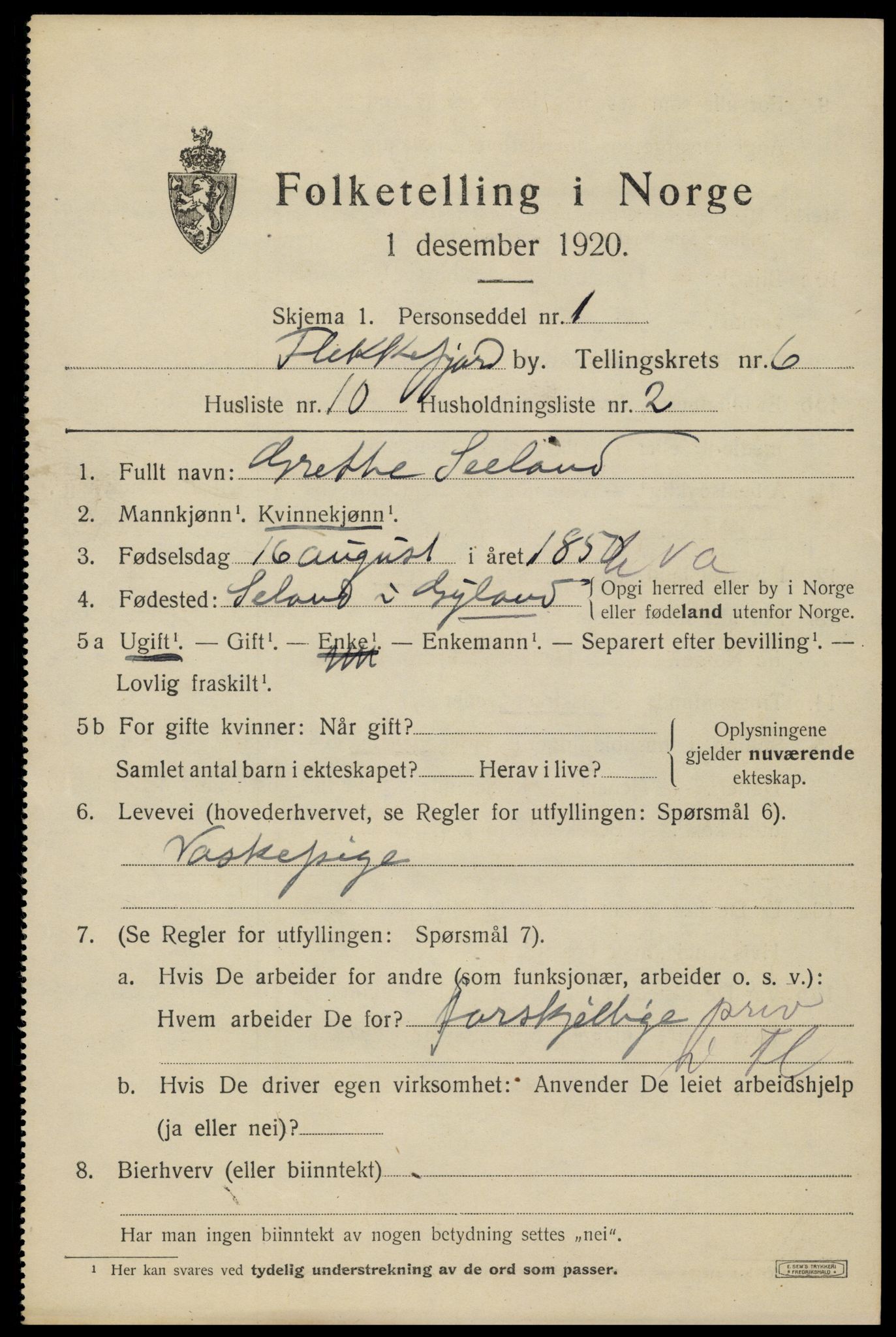 SAK, 1920 census for Flekkefjord, 1920, p. 5852