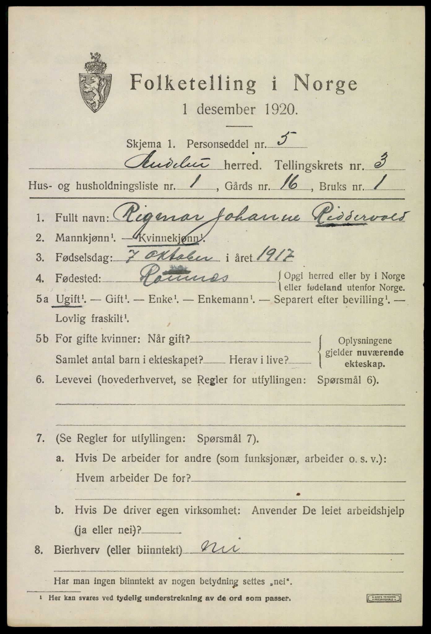 SAKO, 1920 census for Andebu, 1920, p. 1846