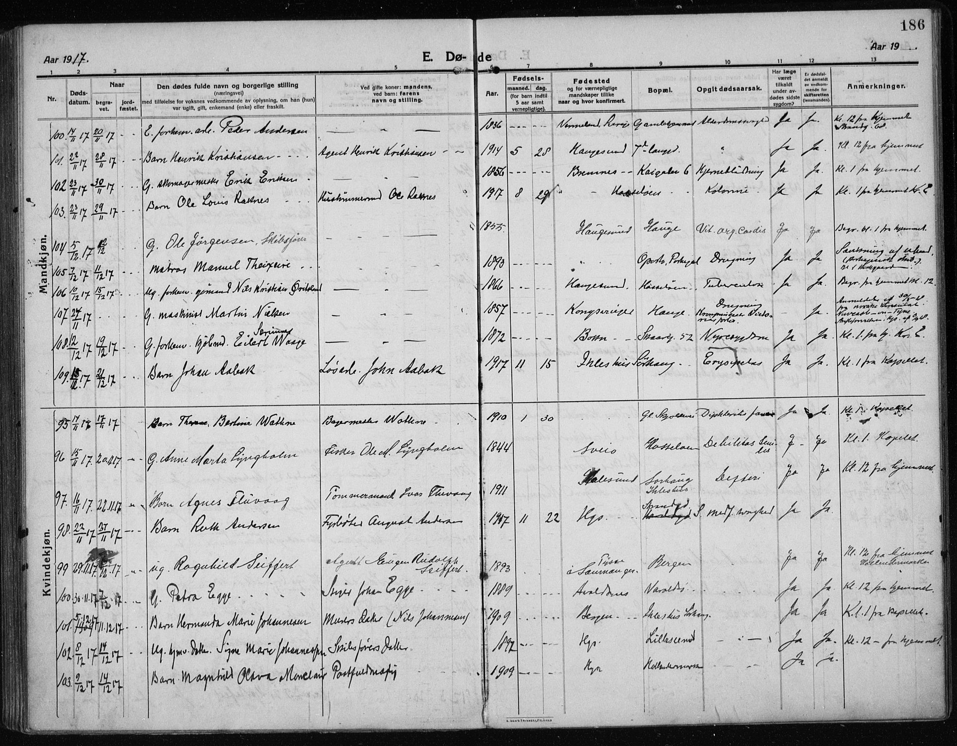 Haugesund sokneprestkontor, SAST/A -101863/H/Ha/Haa/L0009: Parish register (official) no. A 9, 1914-1929, p. 186