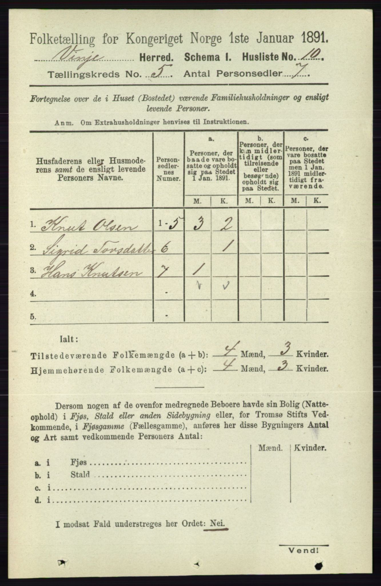 RA, 1891 census for 0834 Vinje, 1891, p. 1015