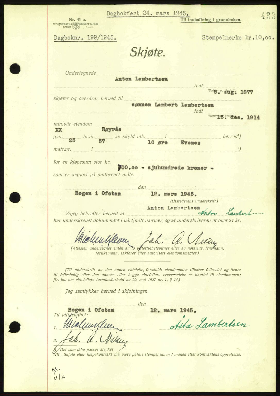 Steigen og Ofoten sorenskriveri, AV/SAT-A-0030/1/2/2C: Mortgage book no. A11, 1944-1945, Diary no: : 199/1945