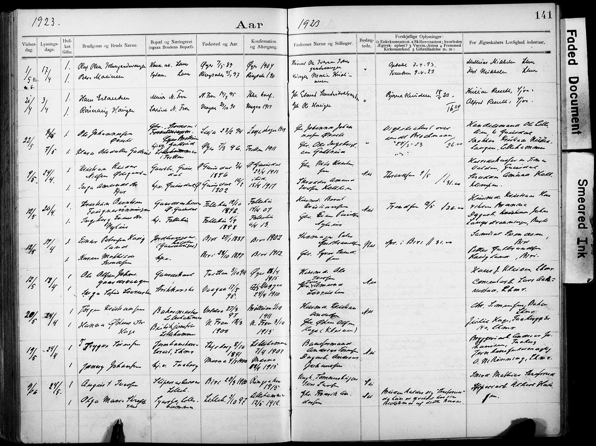 Lillehammer prestekontor, AV/SAH-PREST-088/I/Ie: Banns register no. 1, 1903-1932, p. 141
