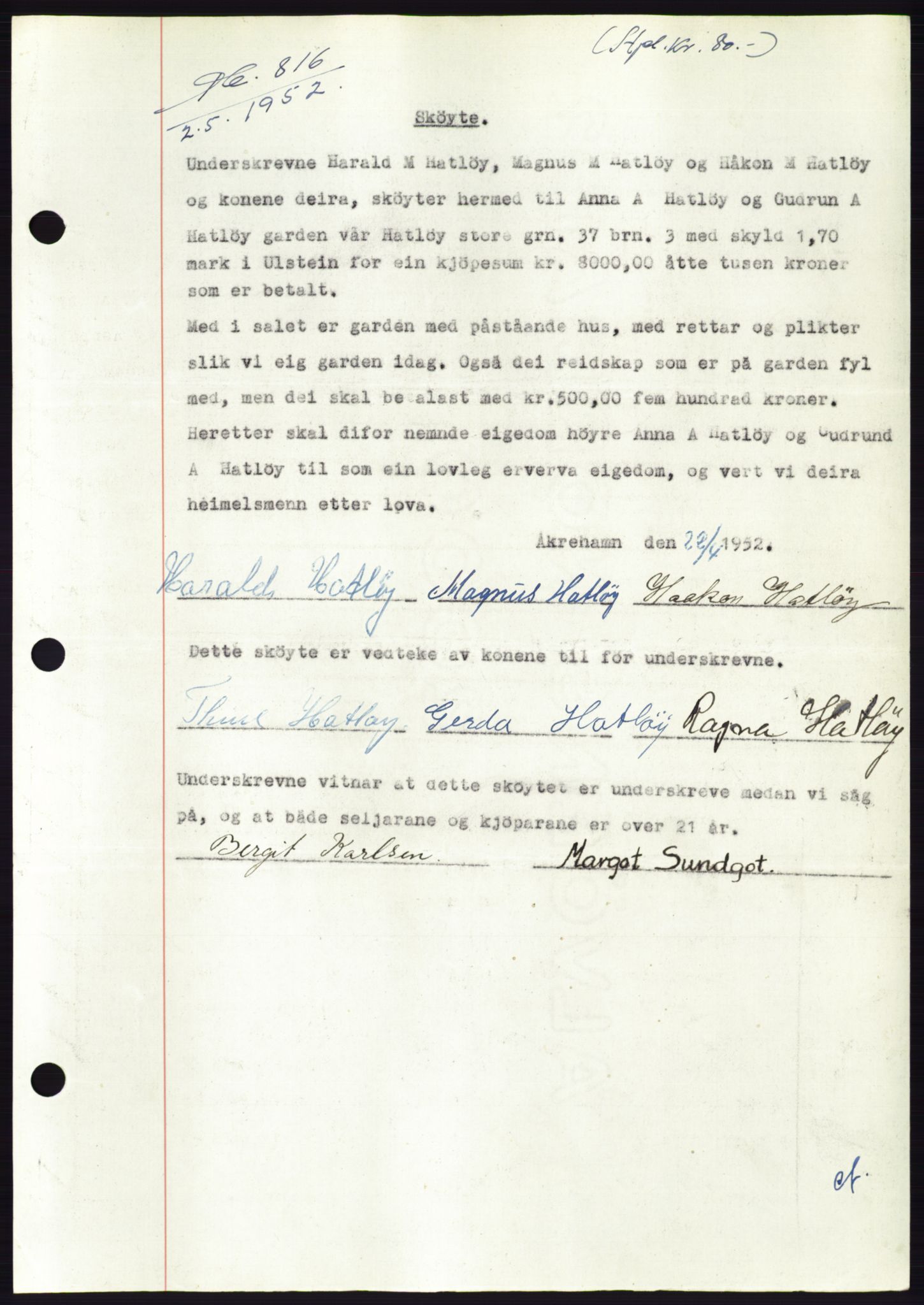 Søre Sunnmøre sorenskriveri, AV/SAT-A-4122/1/2/2C/L0092: Mortgage book no. 18A, 1952-1952, Diary no: : 816/1952