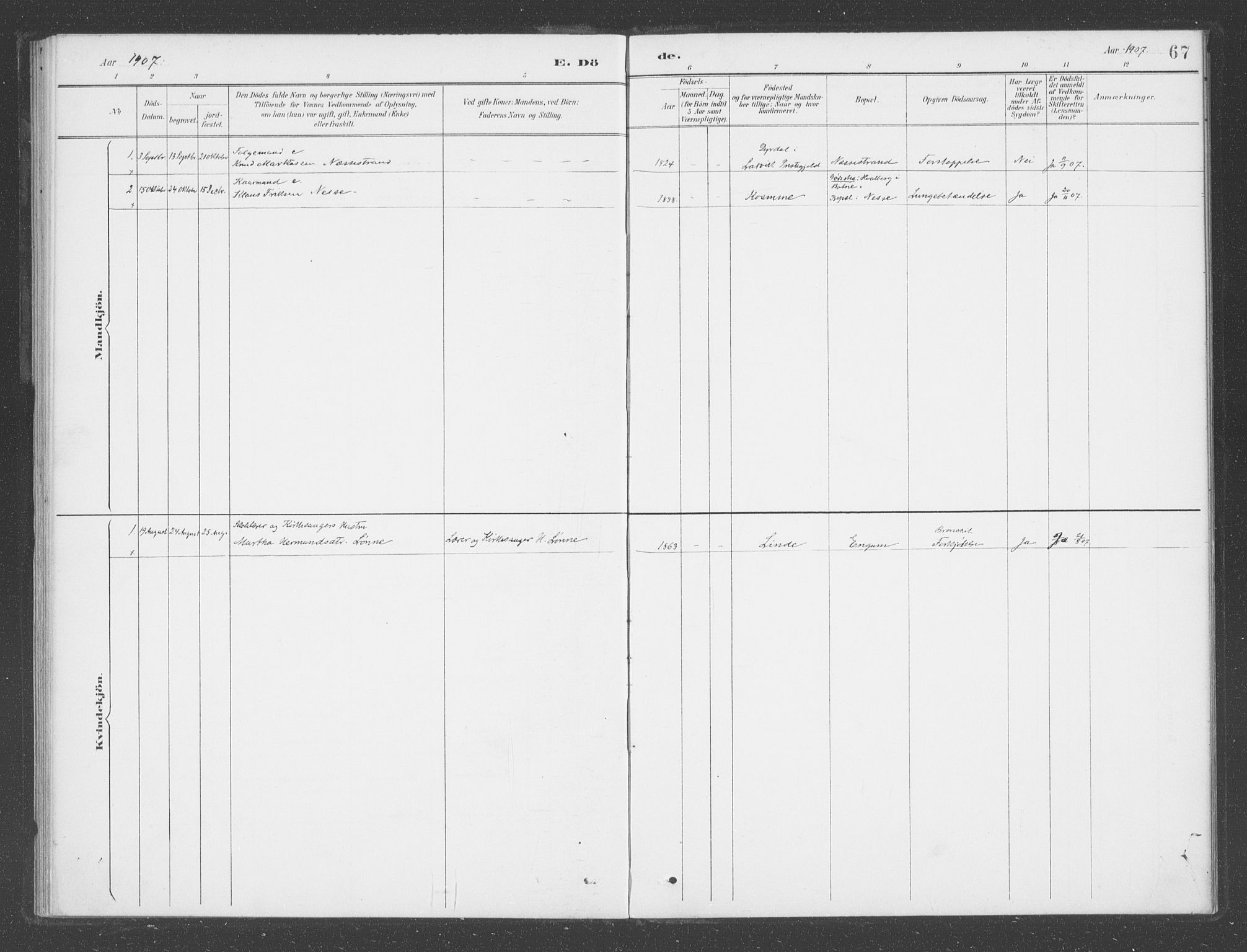 Vik sokneprestembete, AV/SAB-A-81501/H/Haa/Haad/L0002: Parish register (official) no. D  2, 1891-1907, p. 67