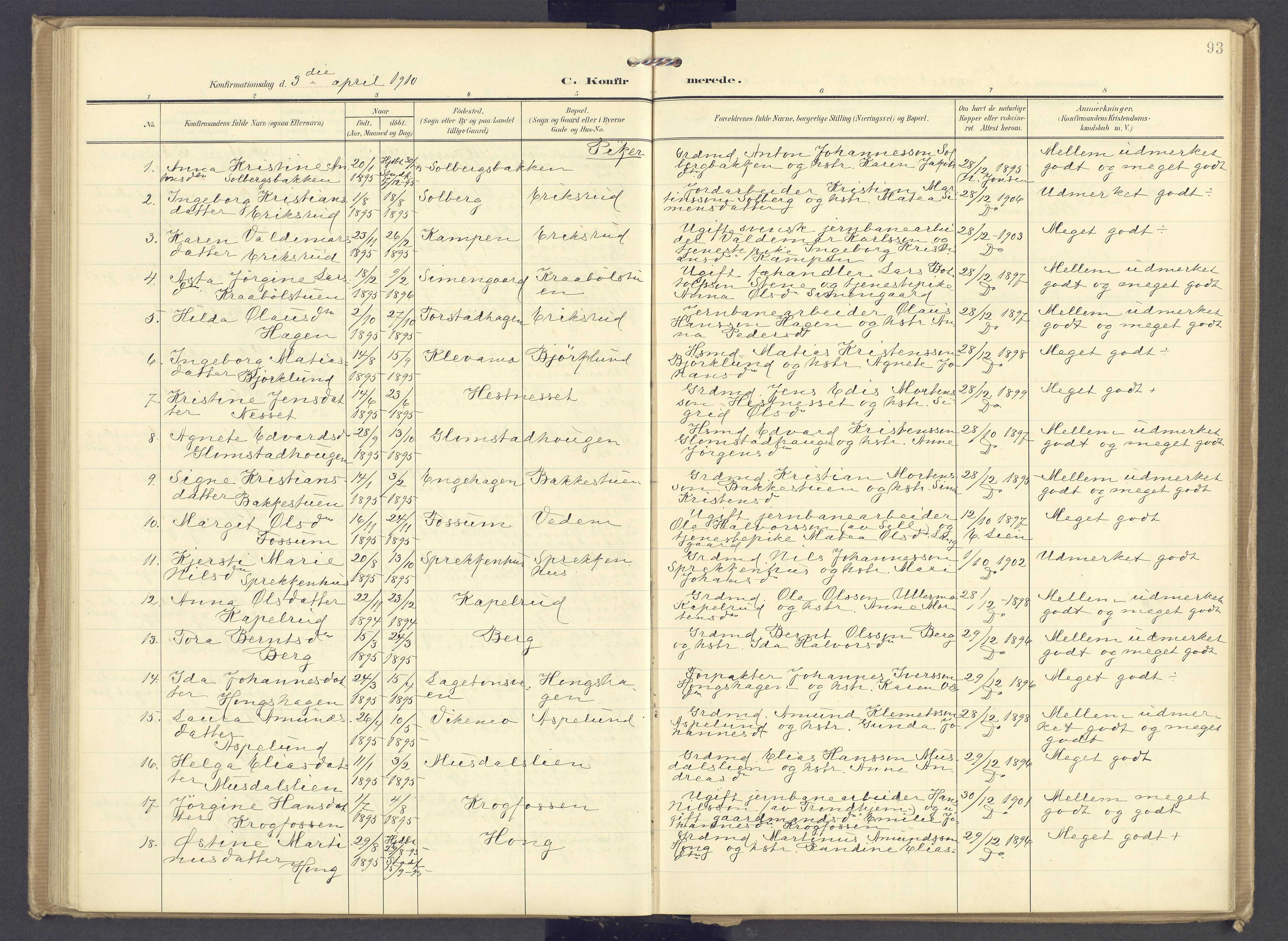 Øyer prestekontor, SAH/PREST-084/H/Ha/Haa/L0013: Parish register (official) no. 13, 1905-1920, p. 93