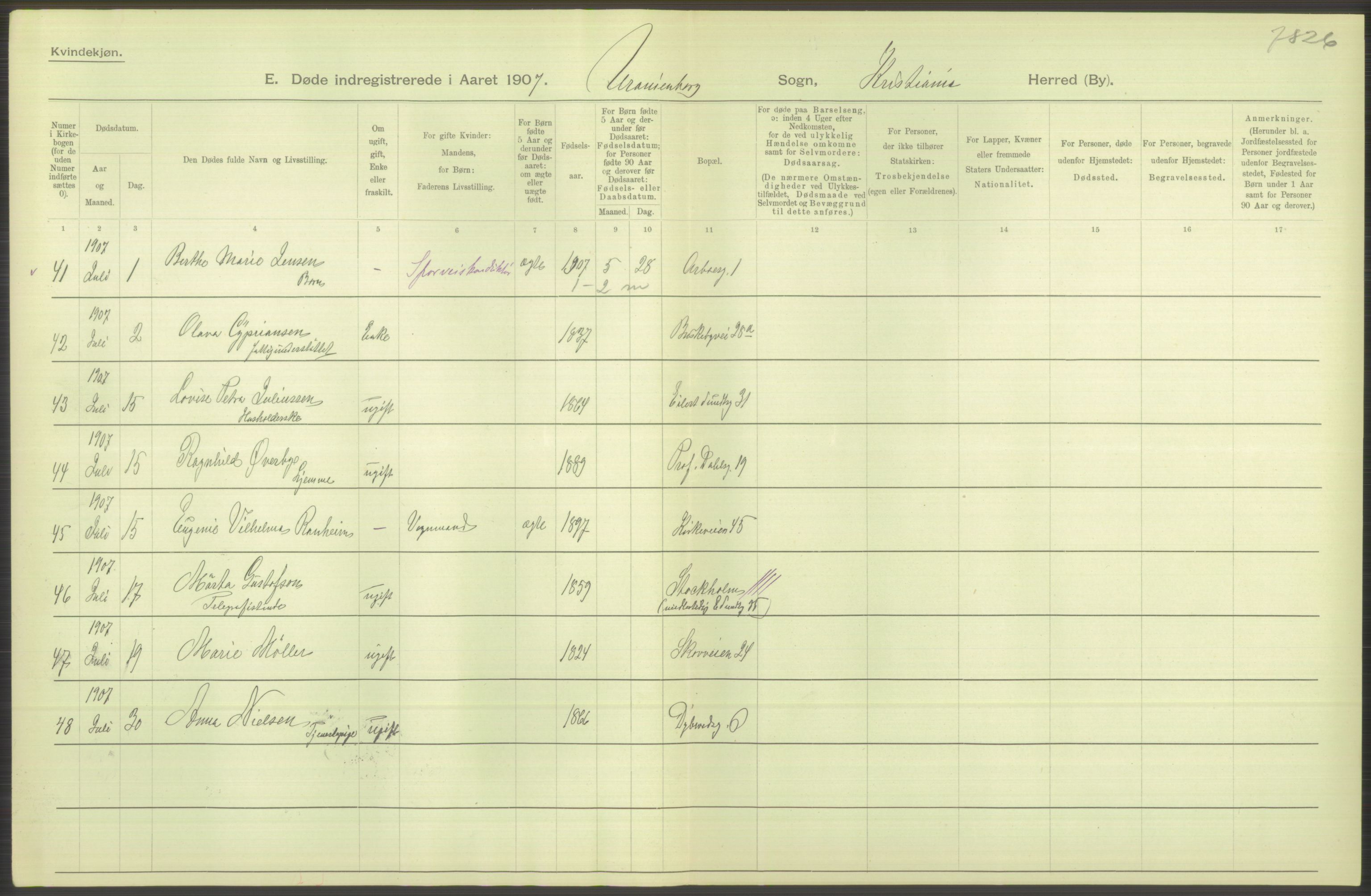 Statistisk sentralbyrå, Sosiodemografiske emner, Befolkning, AV/RA-S-2228/D/Df/Dfa/Dfae/L0009: Kristiania: Døde, 1907, p. 330