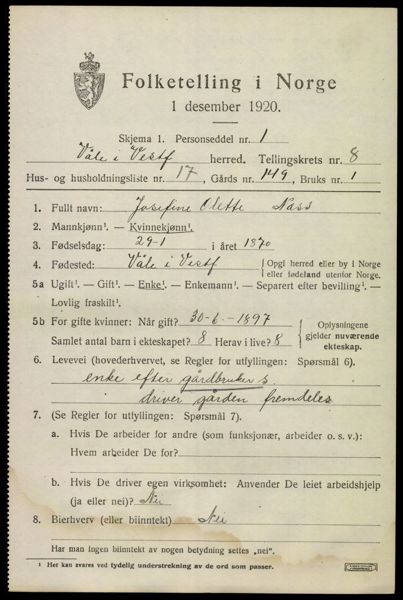 SAKO, 1920 census for Våle, 1920, p. 6336