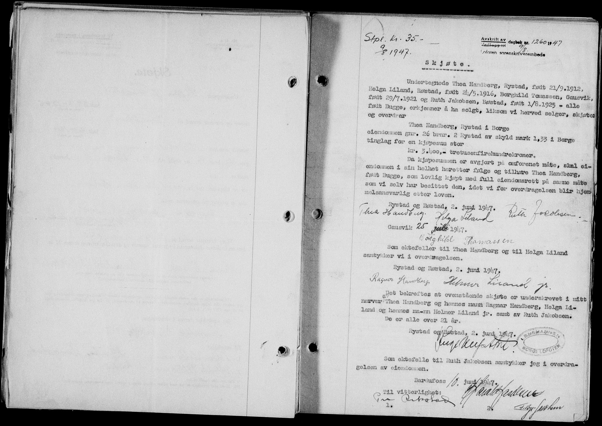 Lofoten sorenskriveri, SAT/A-0017/1/2/2C/L0016a: Mortgage book no. 16a, 1947-1947, Diary no: : 1260/1947