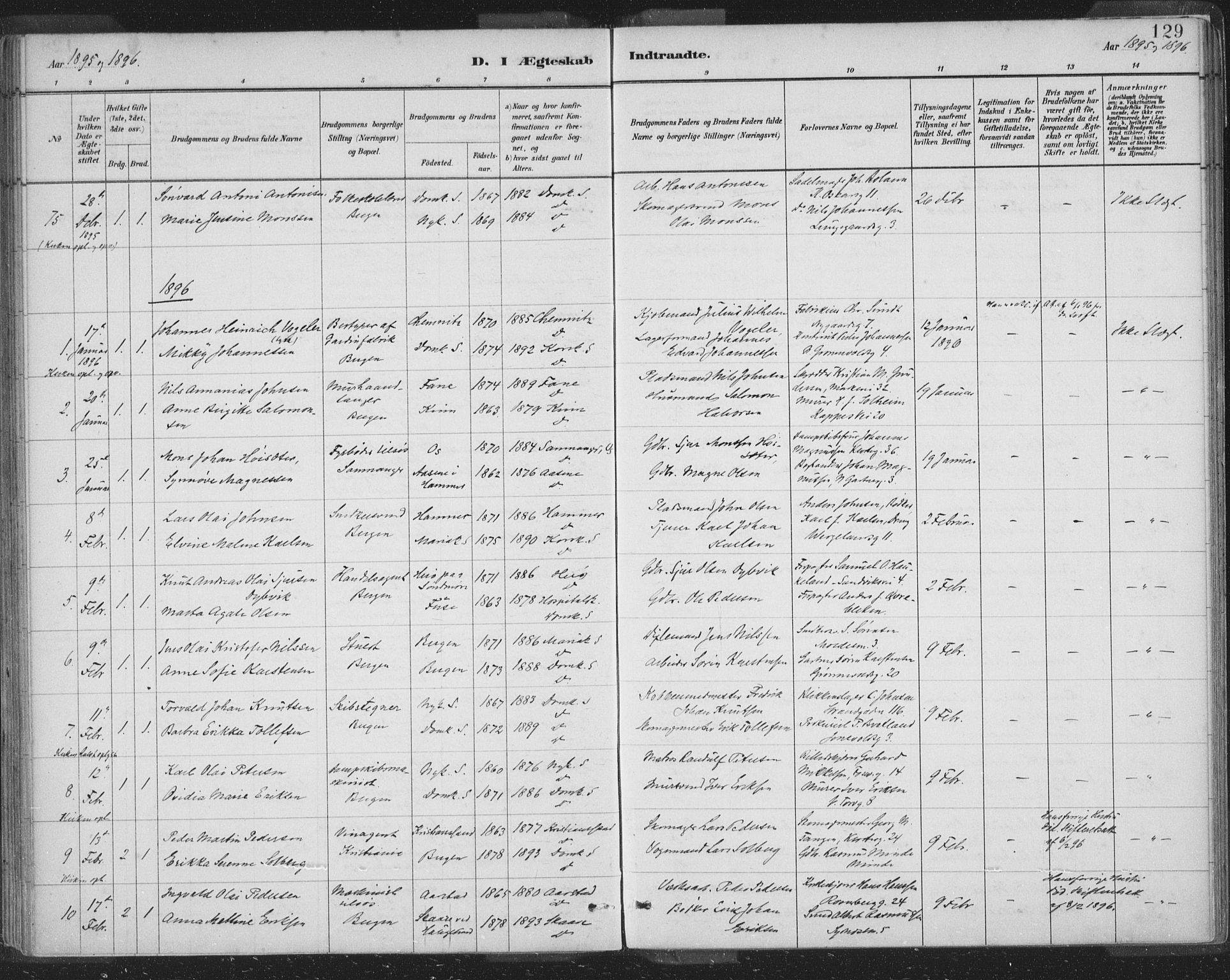 Domkirken sokneprestembete, SAB/A-74801/H/Hab/L0032: Parish register (copy) no. D 4, 1880-1907, p. 129