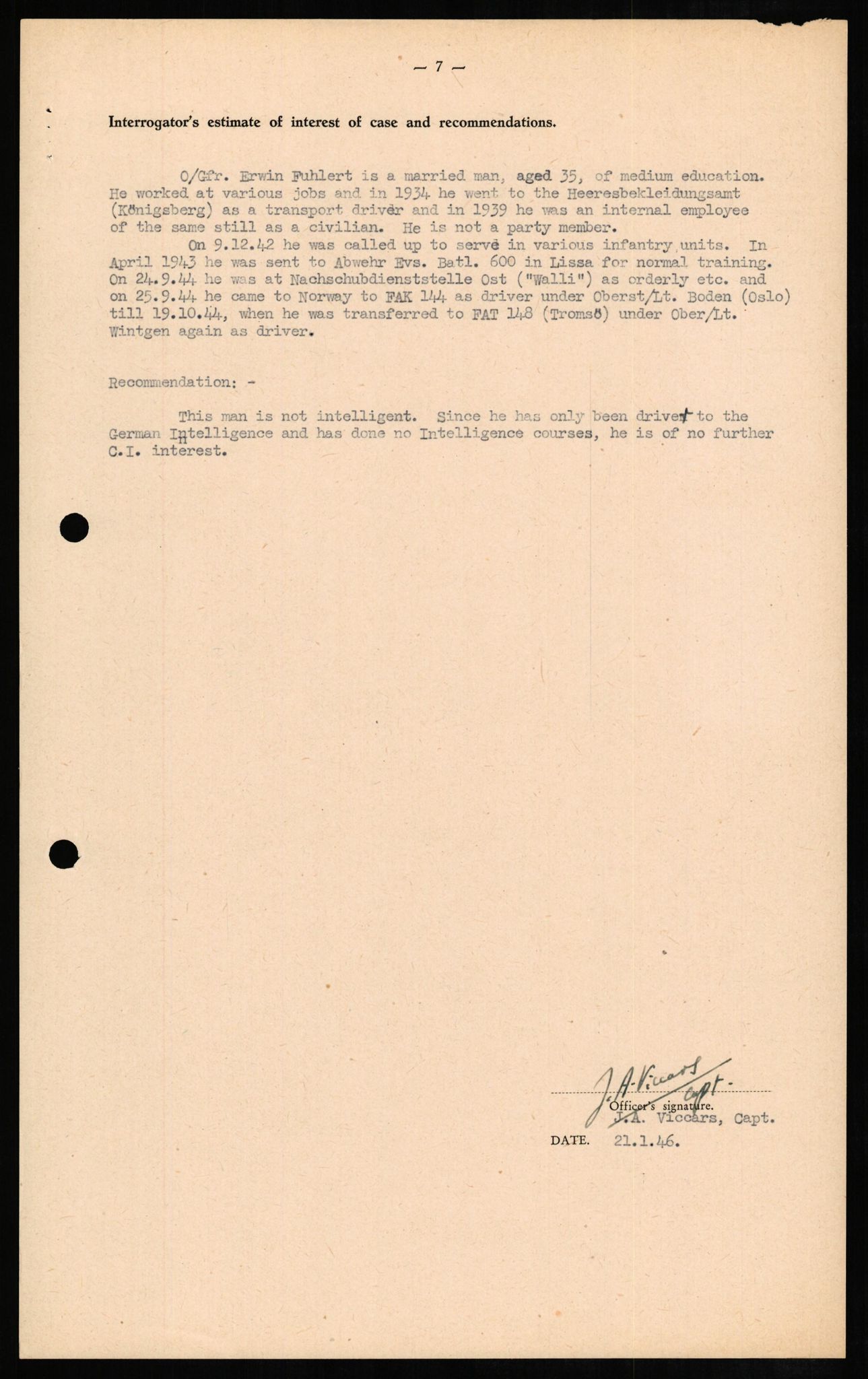 Forsvaret, Forsvarets overkommando II, AV/RA-RAFA-3915/D/Db/L0008: CI Questionaires. Tyske okkupasjonsstyrker i Norge. Tyskere., 1945-1946, p. 427