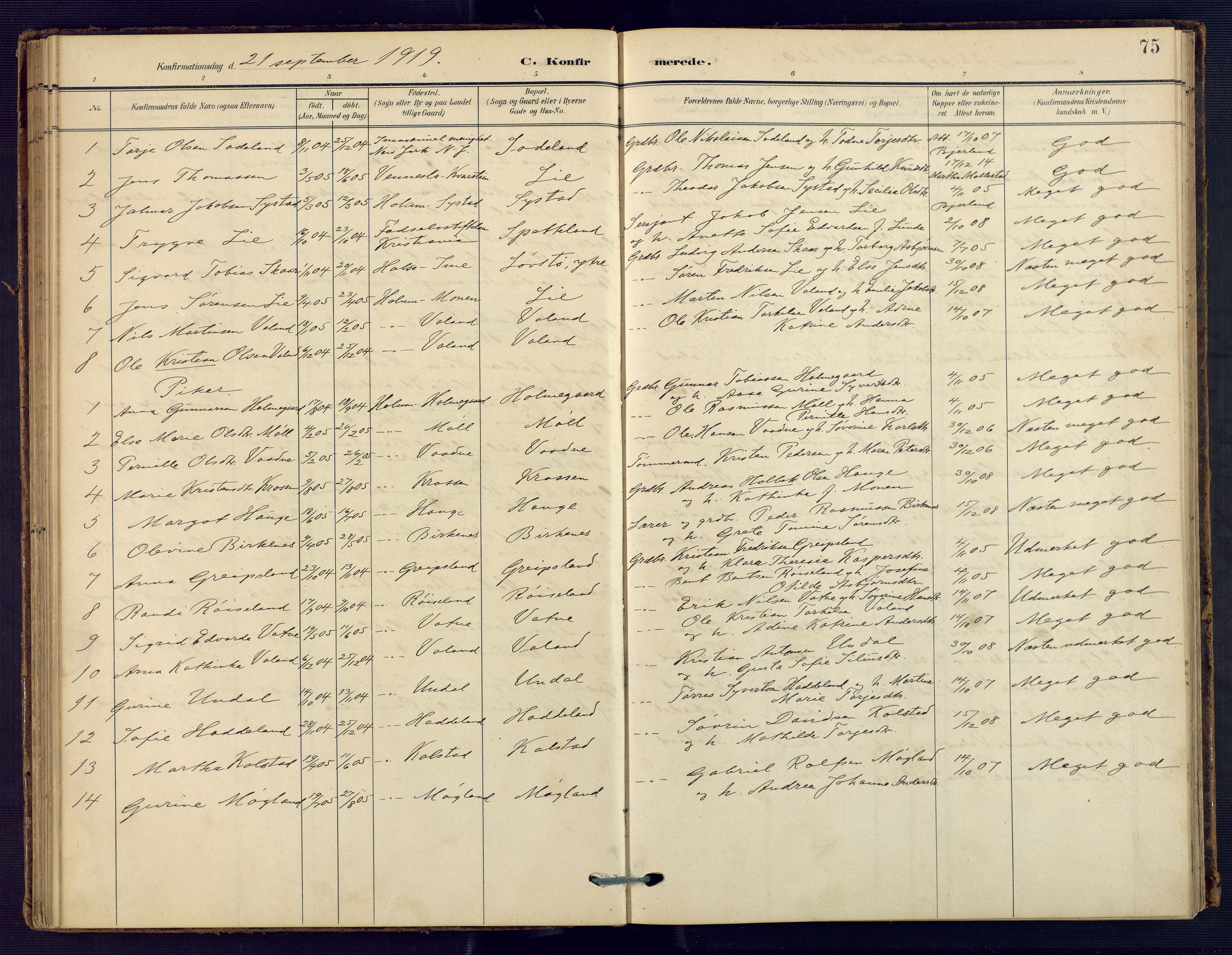 Holum sokneprestkontor, AV/SAK-1111-0022/F/Fa/Faa/L0008: Parish register (official) no. A 8, 1908-1929, p. 75