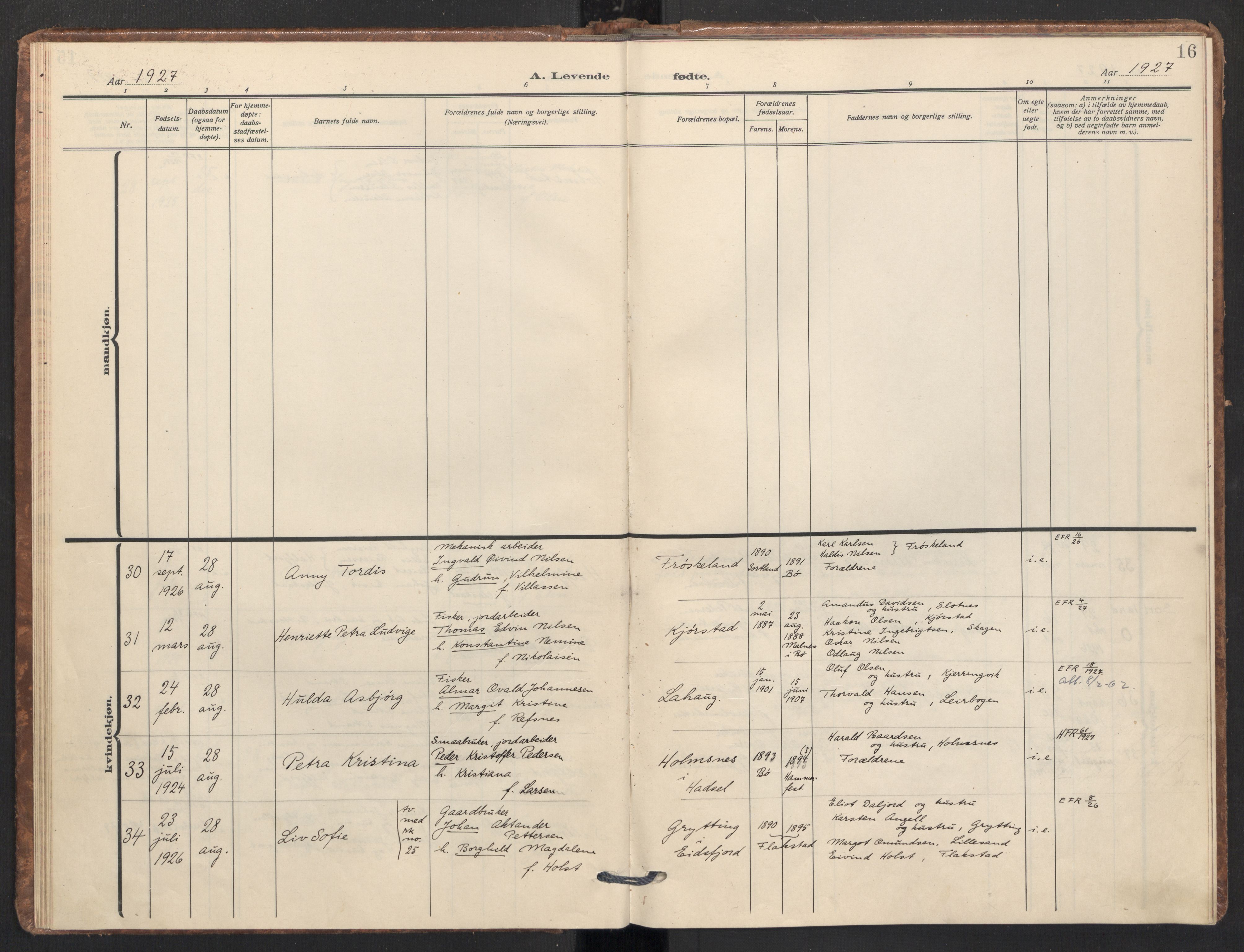 Ministerialprotokoller, klokkerbøker og fødselsregistre - Nordland, AV/SAT-A-1459/890/L1289: Parish register (official) no. 890A04, 1925-1939, p. 16