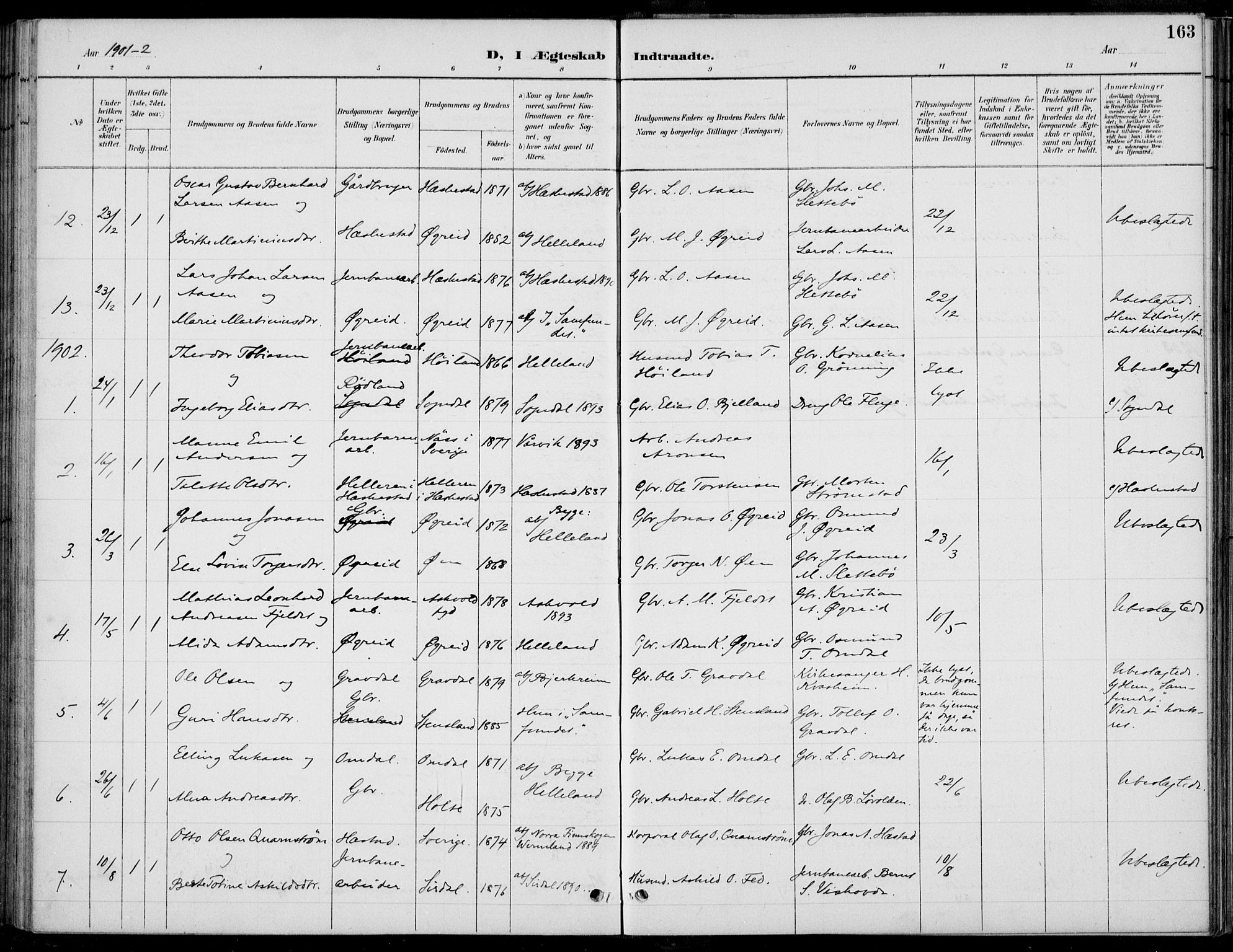 Helleland sokneprestkontor, SAST/A-101810: Parish register (copy) no. B 4, 1887-1941, p. 163