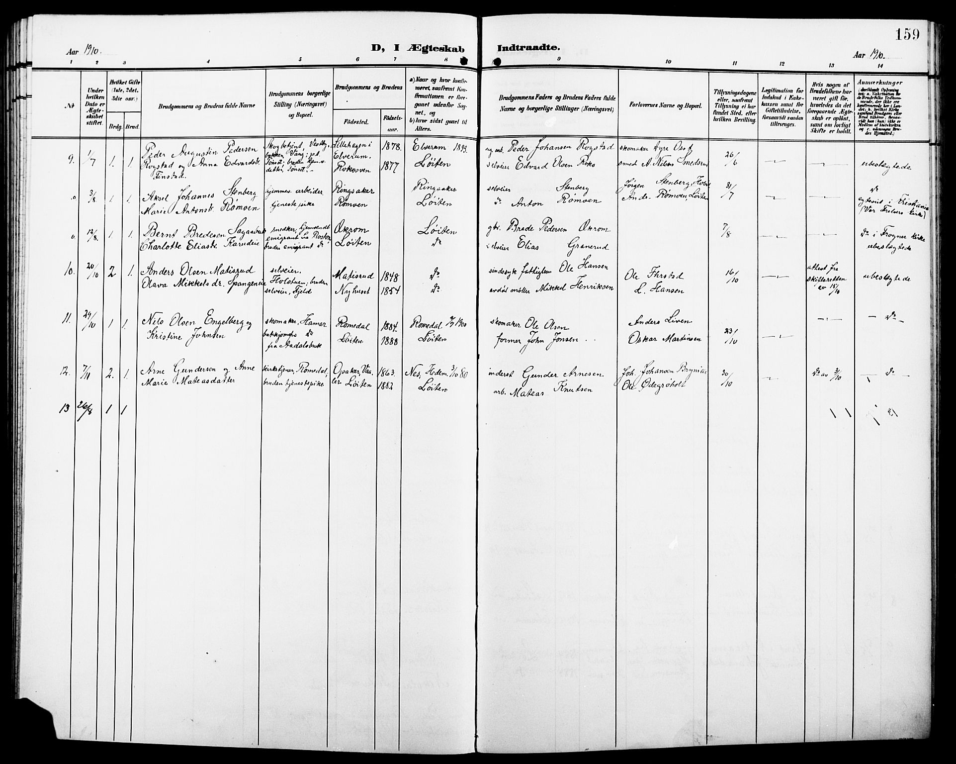 Løten prestekontor, SAH/PREST-022/L/La/L0007: Parish register (copy) no. 7, 1910-1919, p. 159