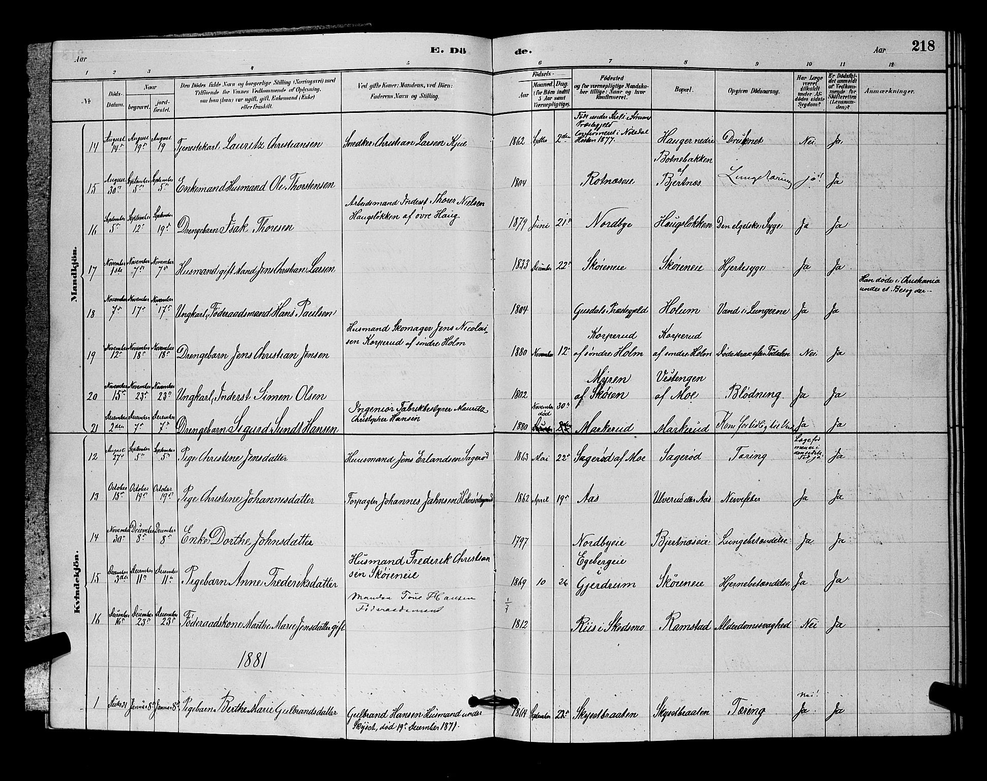 Nittedal prestekontor Kirkebøker, SAO/A-10365a/G/Ga/L0002: Parish register (copy) no. I 2, 1879-1901, p. 218