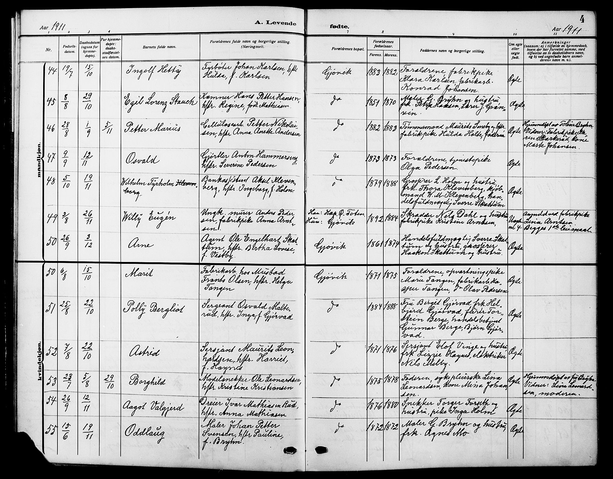 Vardal prestekontor, SAH/PREST-100/H/Ha/Hab/L0014: Parish register (copy) no. 14, 1911-1922, p. 4