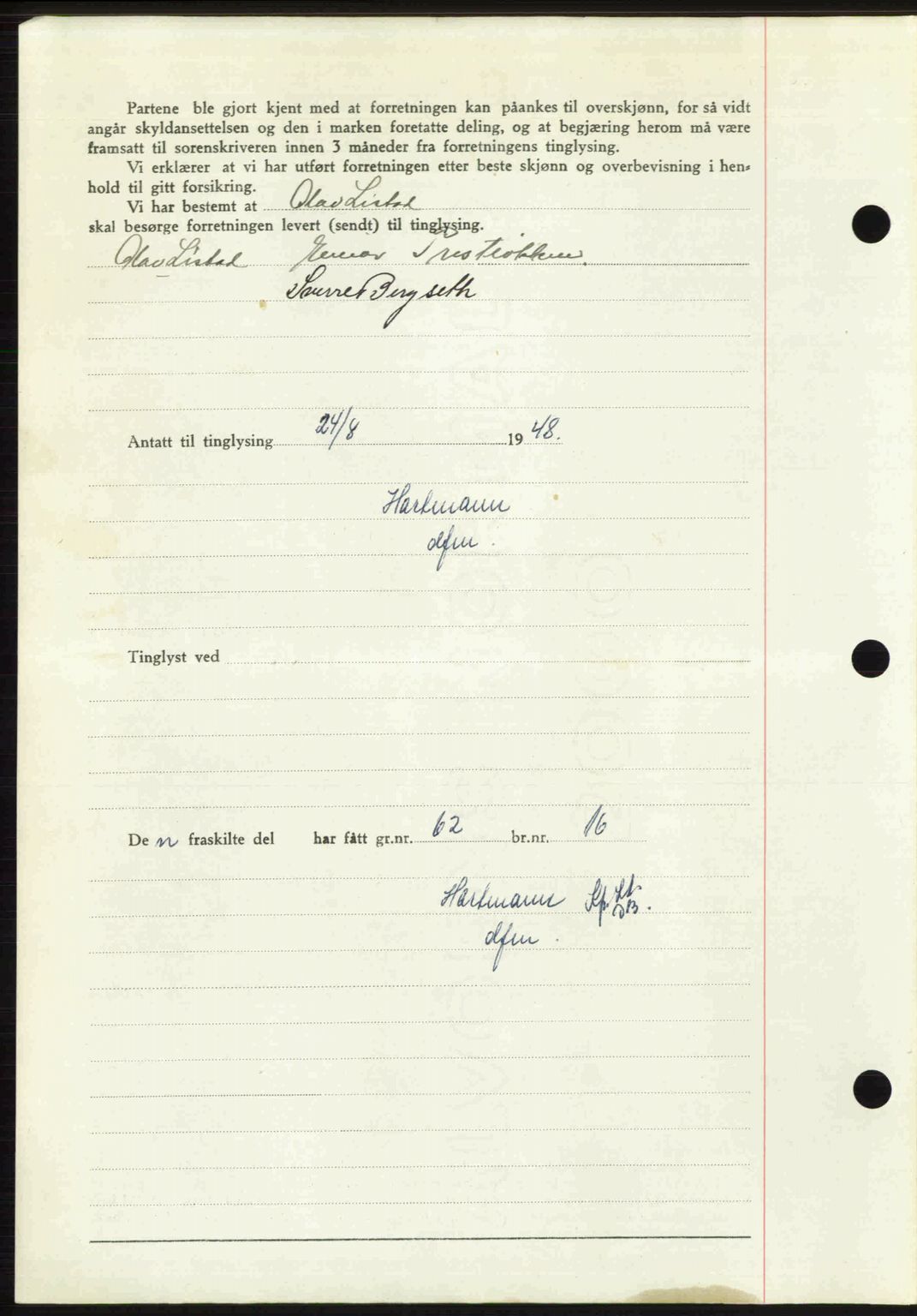 Sør-Gudbrandsdal tingrett, SAH/TING-004/H/Hb/Hbd/L0022: Mortgage book no. A22, 1948-1948, Diary no: : 1947/1948