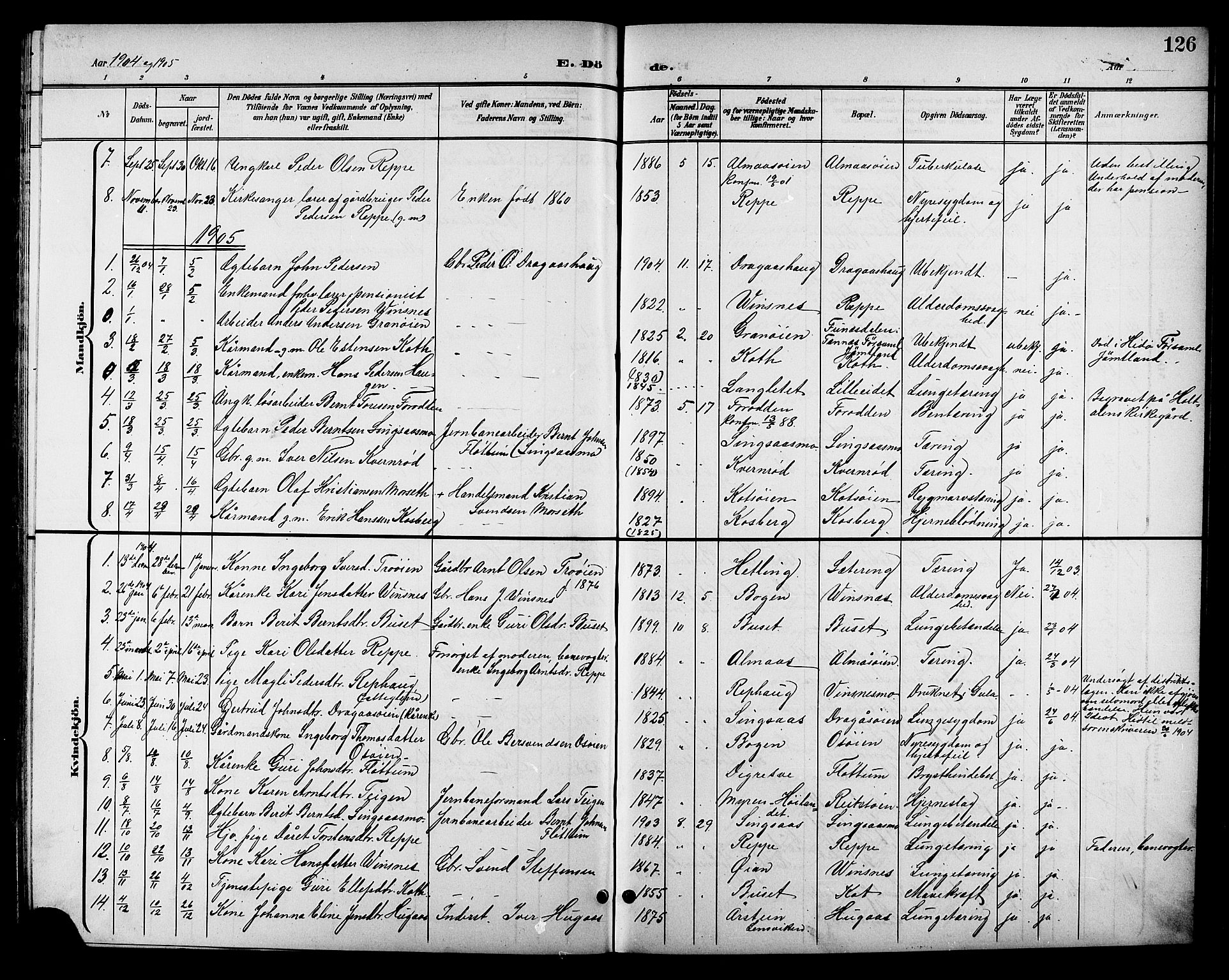 Ministerialprotokoller, klokkerbøker og fødselsregistre - Sør-Trøndelag, SAT/A-1456/688/L1029: Parish register (copy) no. 688C04, 1899-1915, p. 126