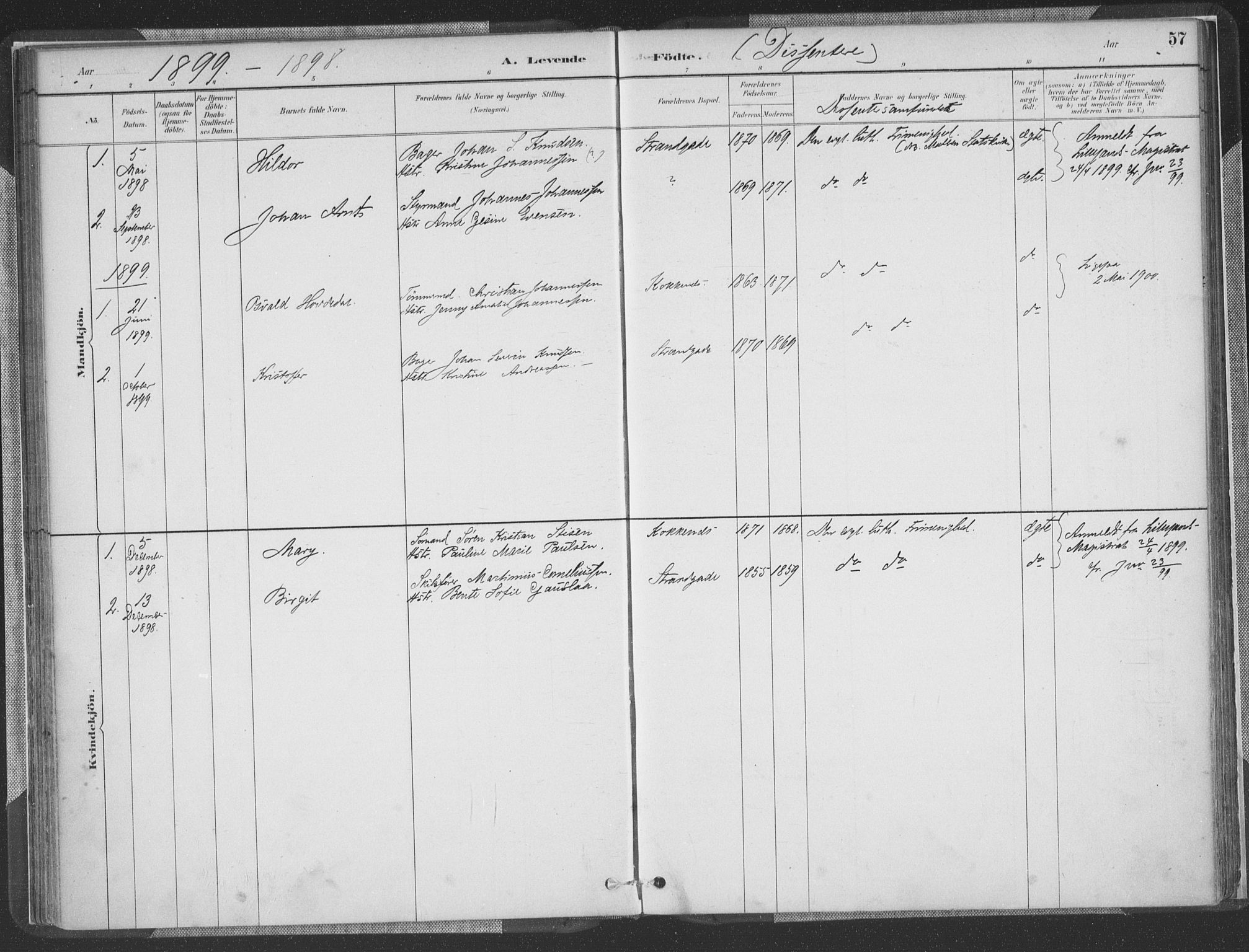 Vestre Moland sokneprestkontor, AV/SAK-1111-0046/F/Fa/Faa/L0001: Parish register (official) no. A 1, 1884-1899, p. 57