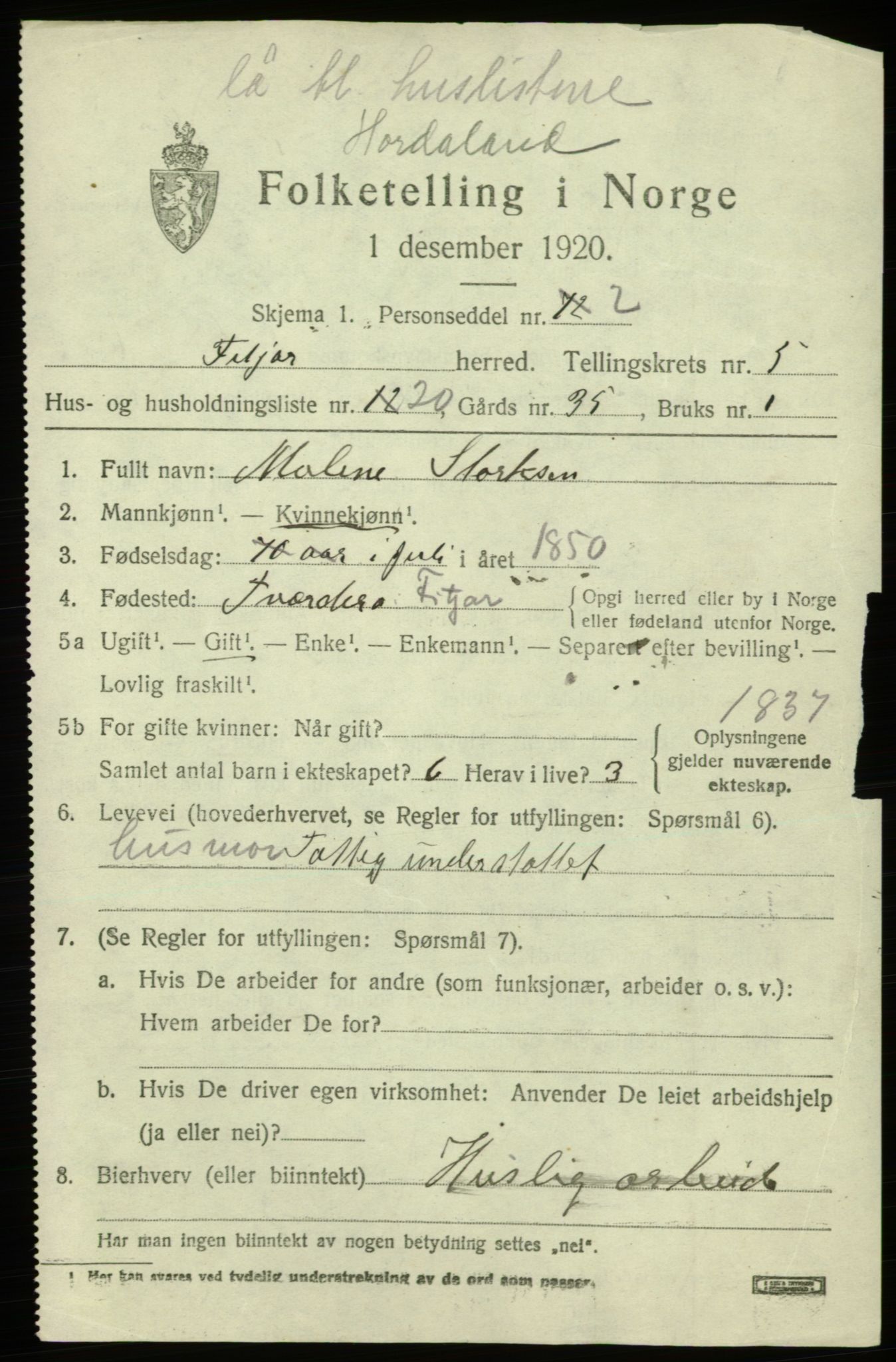 SAB, 1920 census for Fitjar, 1920, p. 2750