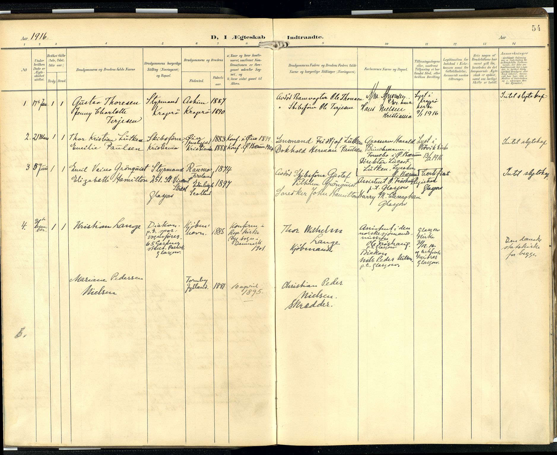 Den norske sjømannsmisjon i utlandet/Skotske havner (Leith, Glasgow), AV/SAB-SAB/PA-0100/H/Ha/Hab/L0001: Parish register (official) no. B 1, 1902-1931, p. 53b-54a