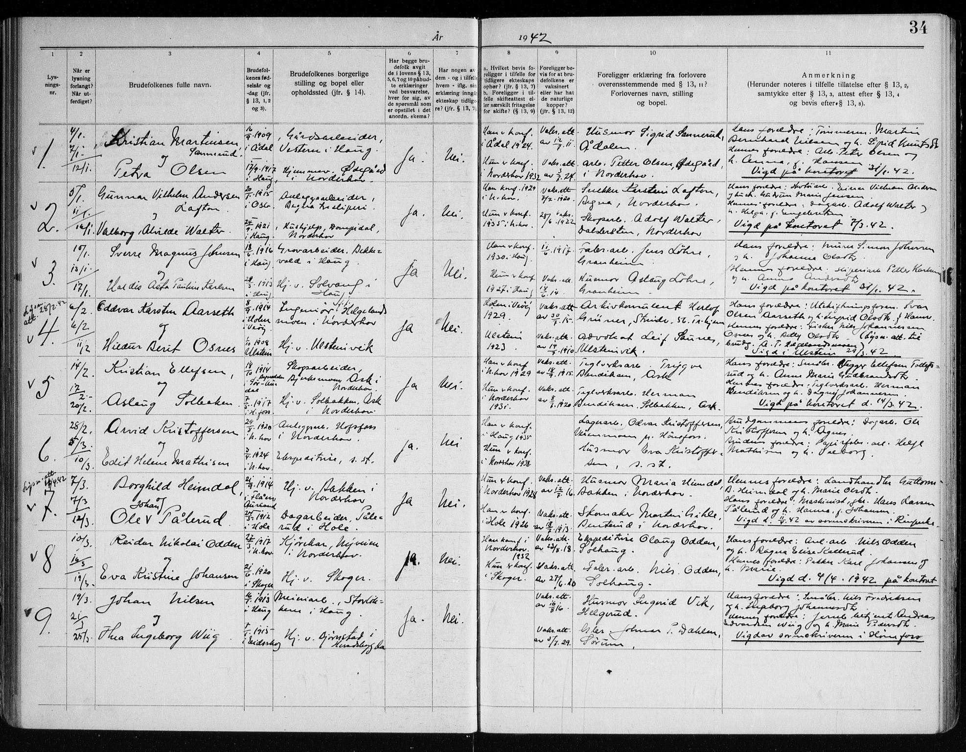 Norderhov kirkebøker, AV/SAKO-A-237/H/Ha/L0005: Banns register no. 5, 1938-1954, p. 34
