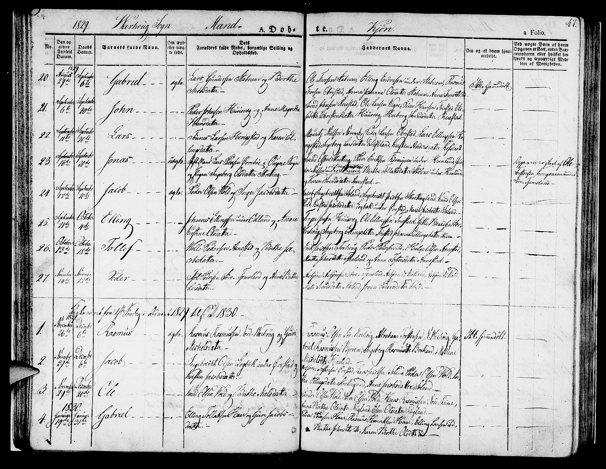 Hå sokneprestkontor, AV/SAST-A-101801/001/30BA/L0004: Parish register (official) no. A 4.1 /2, 1826-1841, p. 47