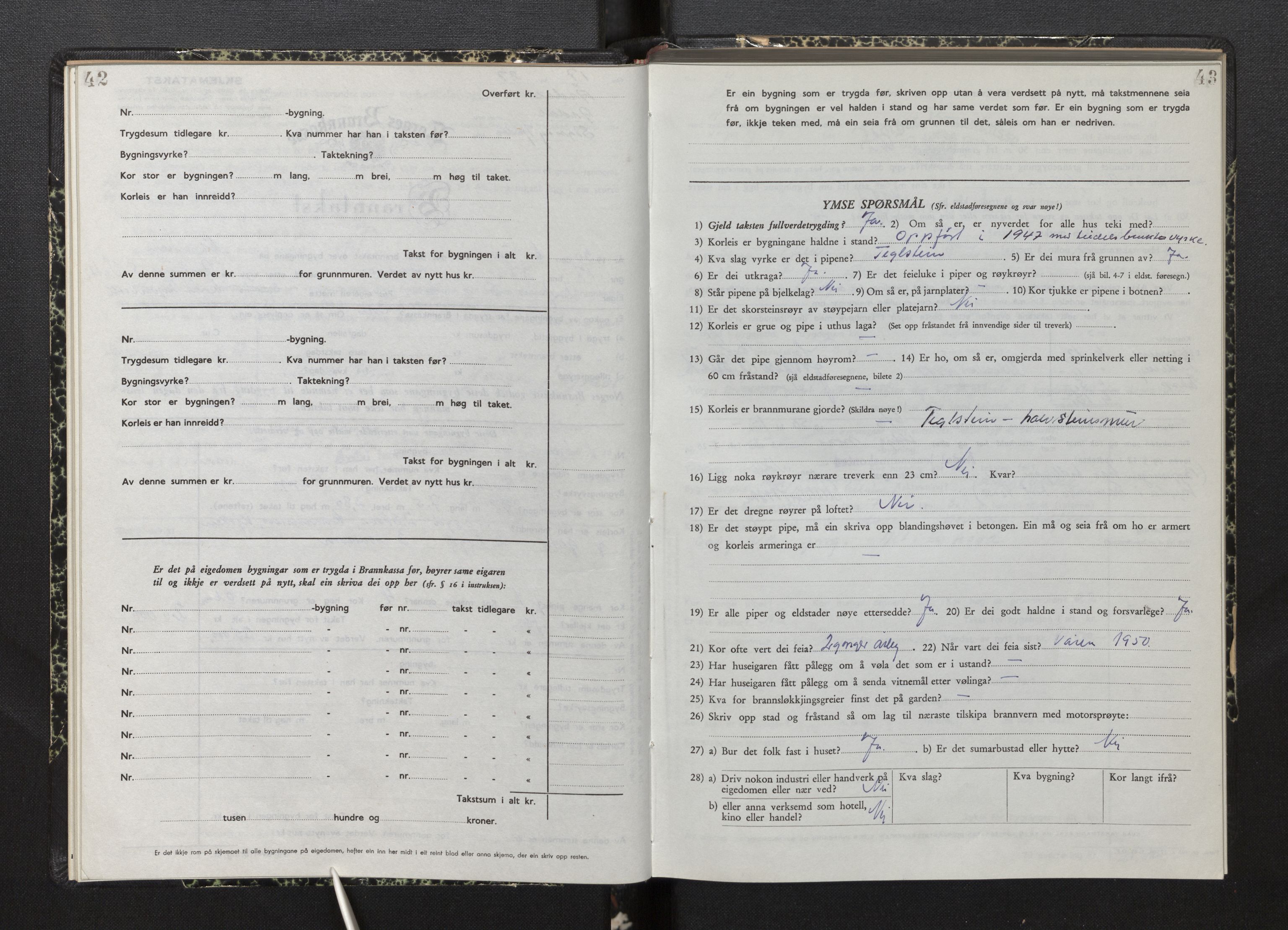 Lensmannen i Årdal, AV/SAB-A-30501/0012/L0012: Branntakstprotokoll, skjematakst, 1949-1955, p. 42-43