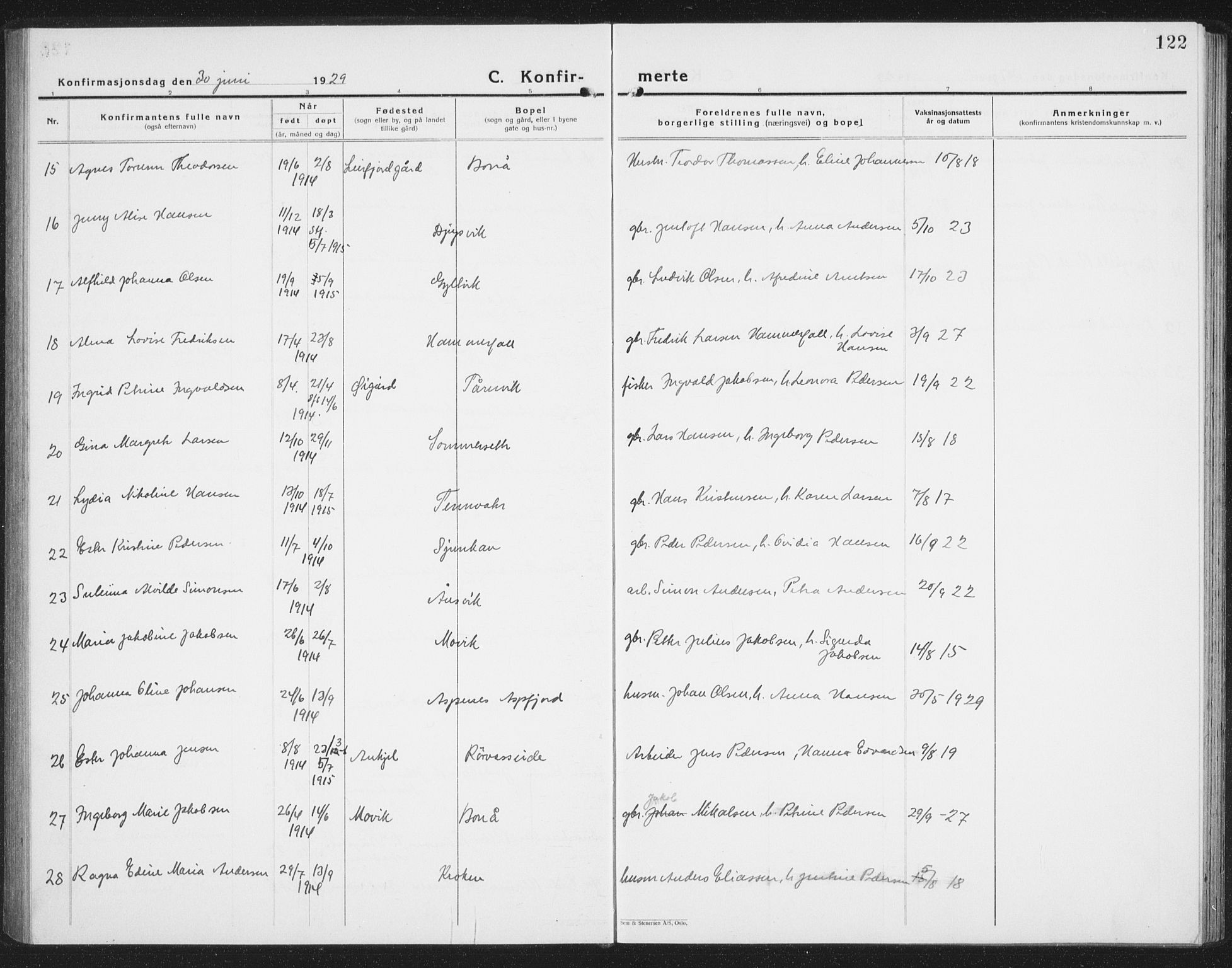 Ministerialprotokoller, klokkerbøker og fødselsregistre - Nordland, AV/SAT-A-1459/854/L0788: Parish register (copy) no. 854C04, 1926-1940, p. 122