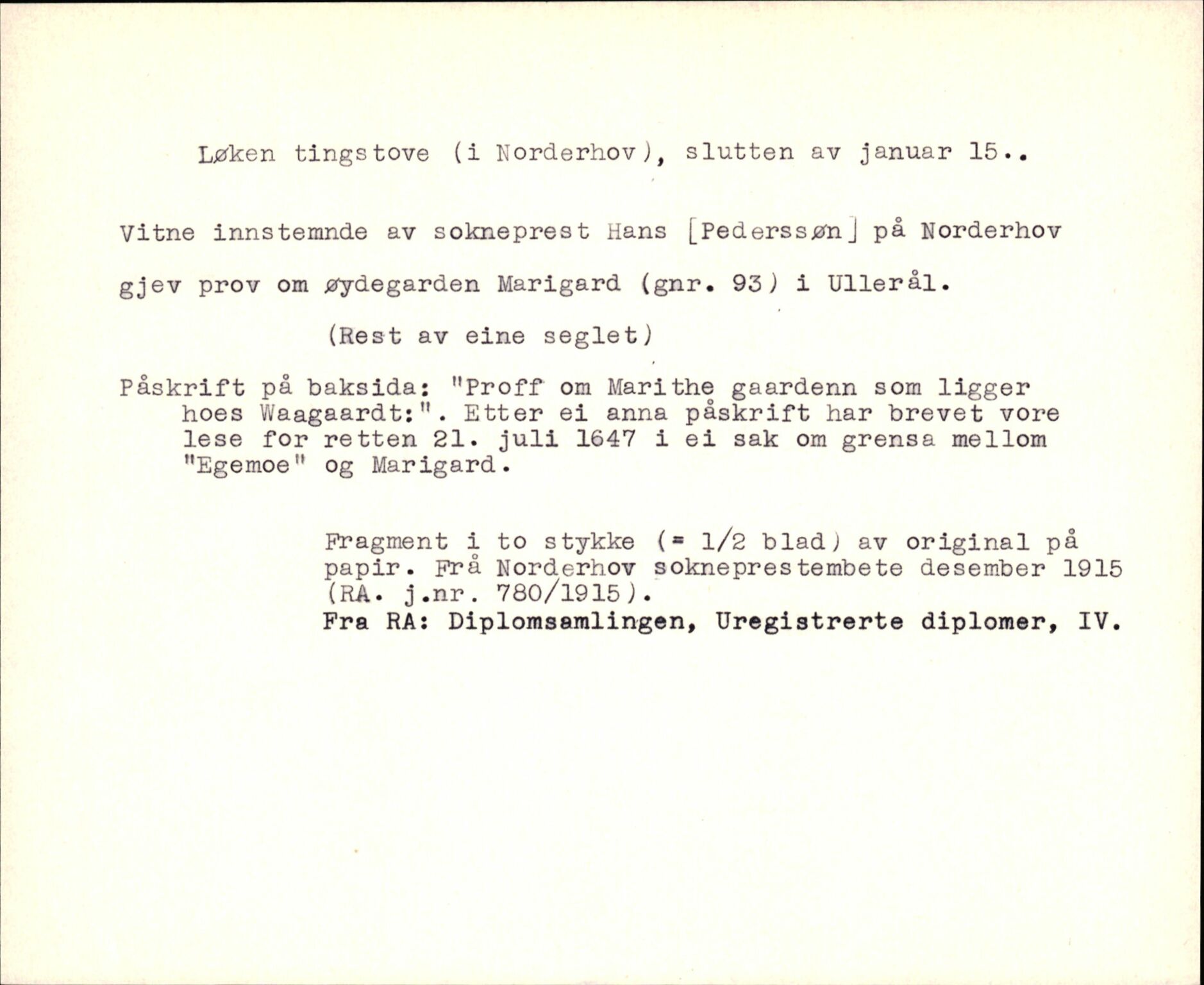 Riksarkivets diplomsamling, AV/RA-EA-5965/F35/F35k/L0002: Regestsedler: Prestearkiver fra Hedmark, Oppland, Buskerud og Vestfold, p. 271