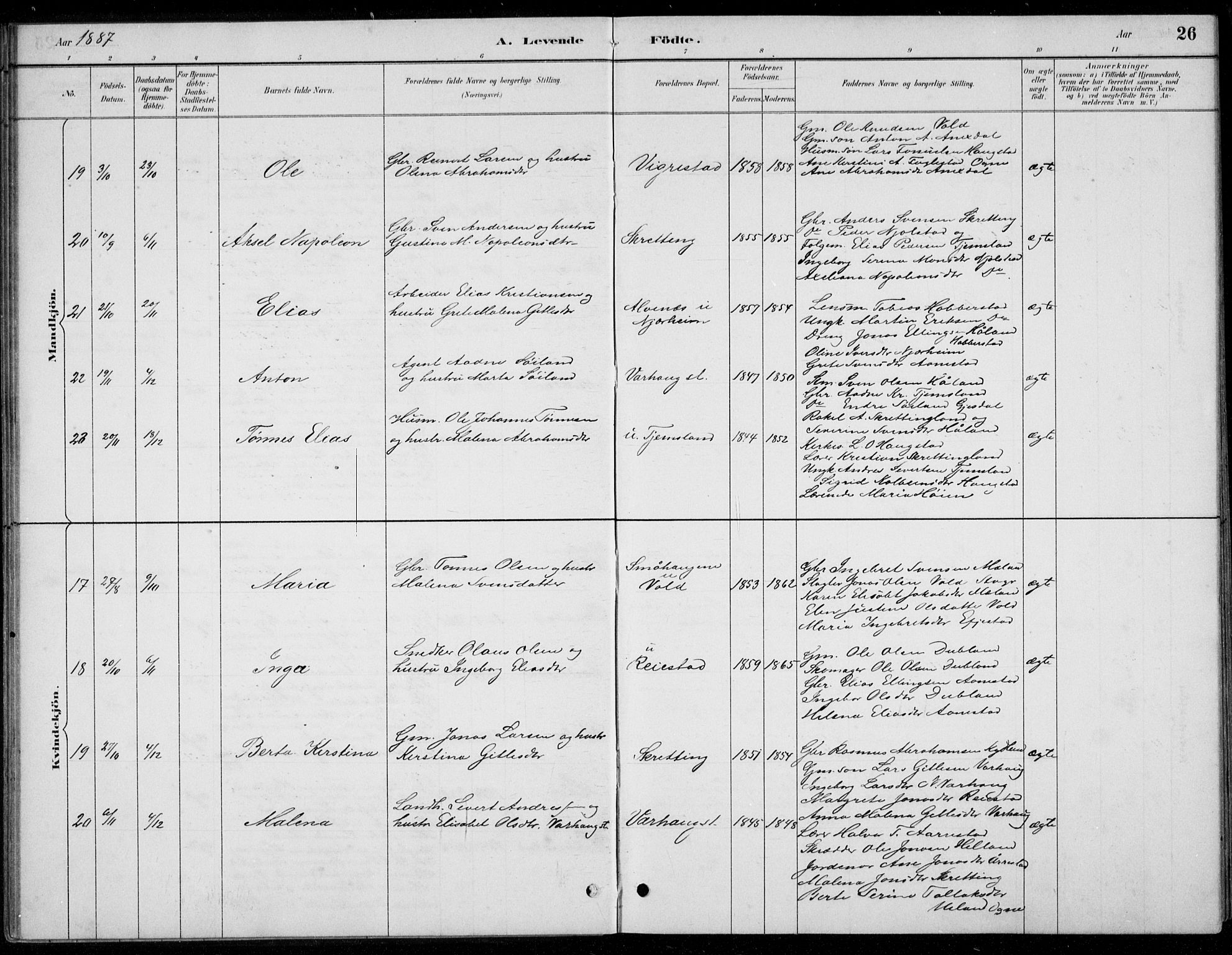 Hå sokneprestkontor, SAST/A-101801/001/30BB/L0004: Parish register (copy) no. B 4, 1883-1899, p. 26