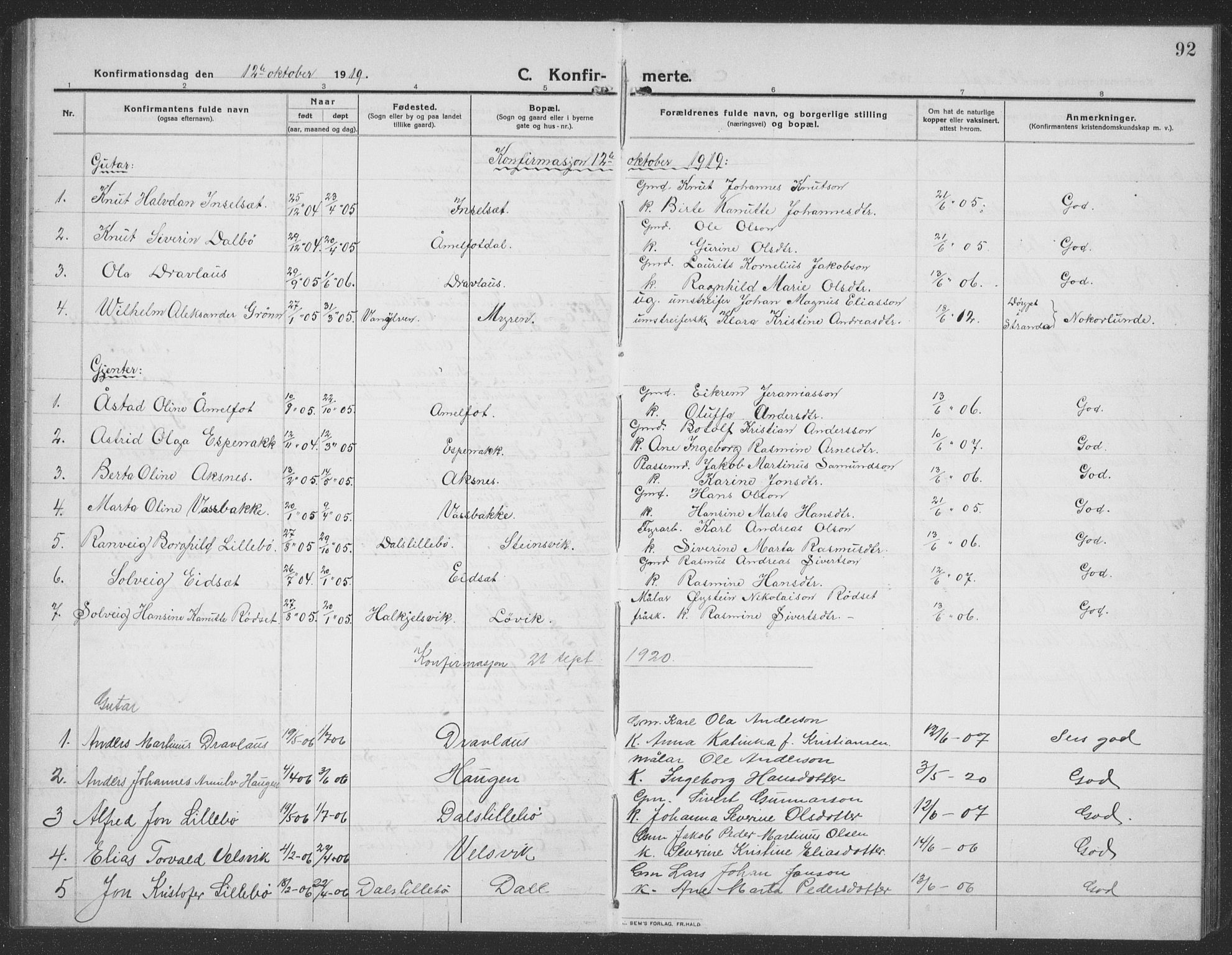 Ministerialprotokoller, klokkerbøker og fødselsregistre - Møre og Romsdal, SAT/A-1454/512/L0169: Parish register (copy) no. 512C01, 1910-1935, p. 92