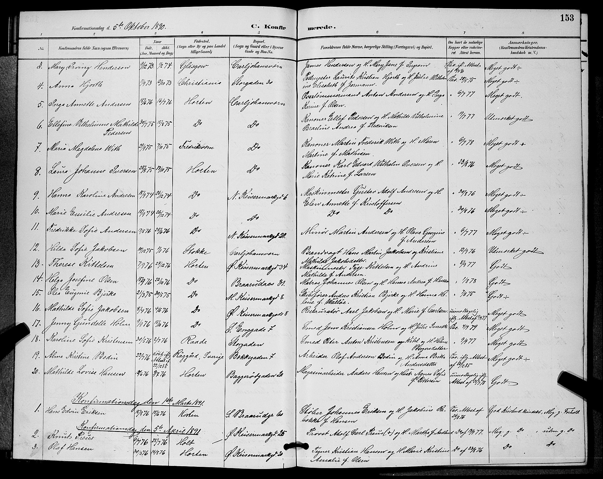 Horten kirkebøker, SAKO/A-348/G/Ga/L0005: Parish register (copy) no. 5, 1888-1895, p. 153