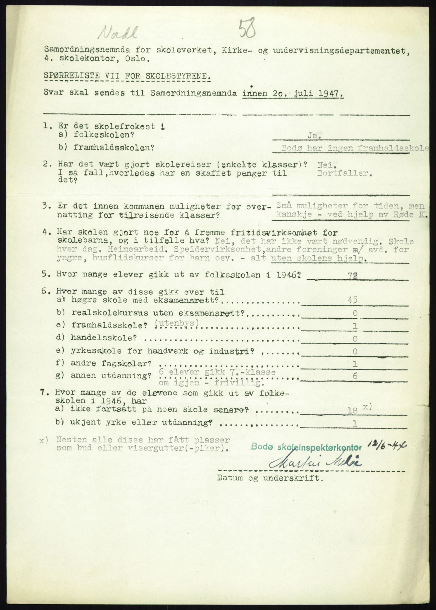 Kirke- og undervisningsdepartementet, Samordningsnemnda for skoleverket, AV/RA-S-1146/D/L0008: Svar på spørreskjema fra kommuner i Nord-Trøndelag, Nordland, Troms og Finnmark, 1947, p. 529