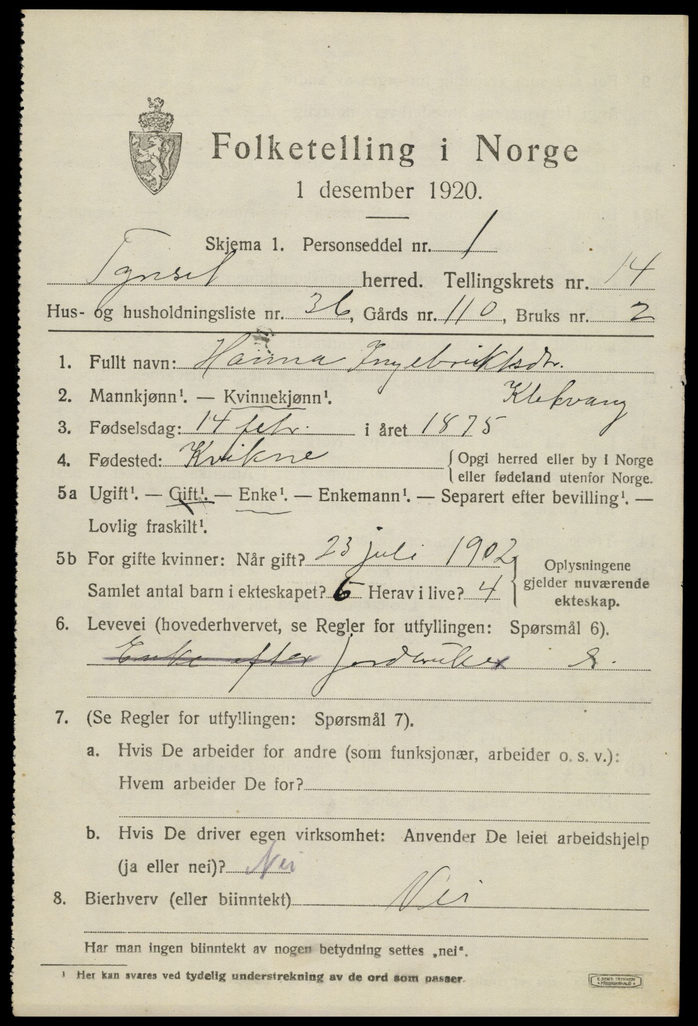 SAH, 1920 census for Tynset, 1920, p. 9206