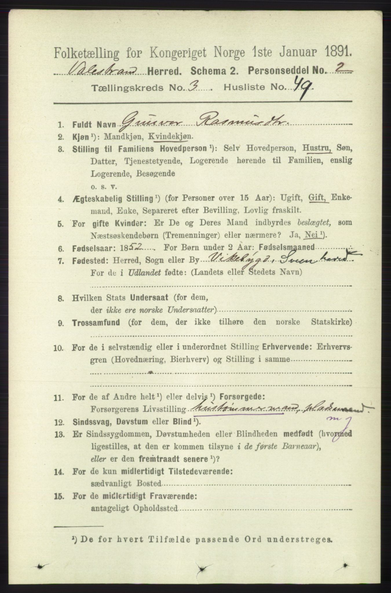 RA, 1891 census for 1217 Valestrand, 1891, p. 807