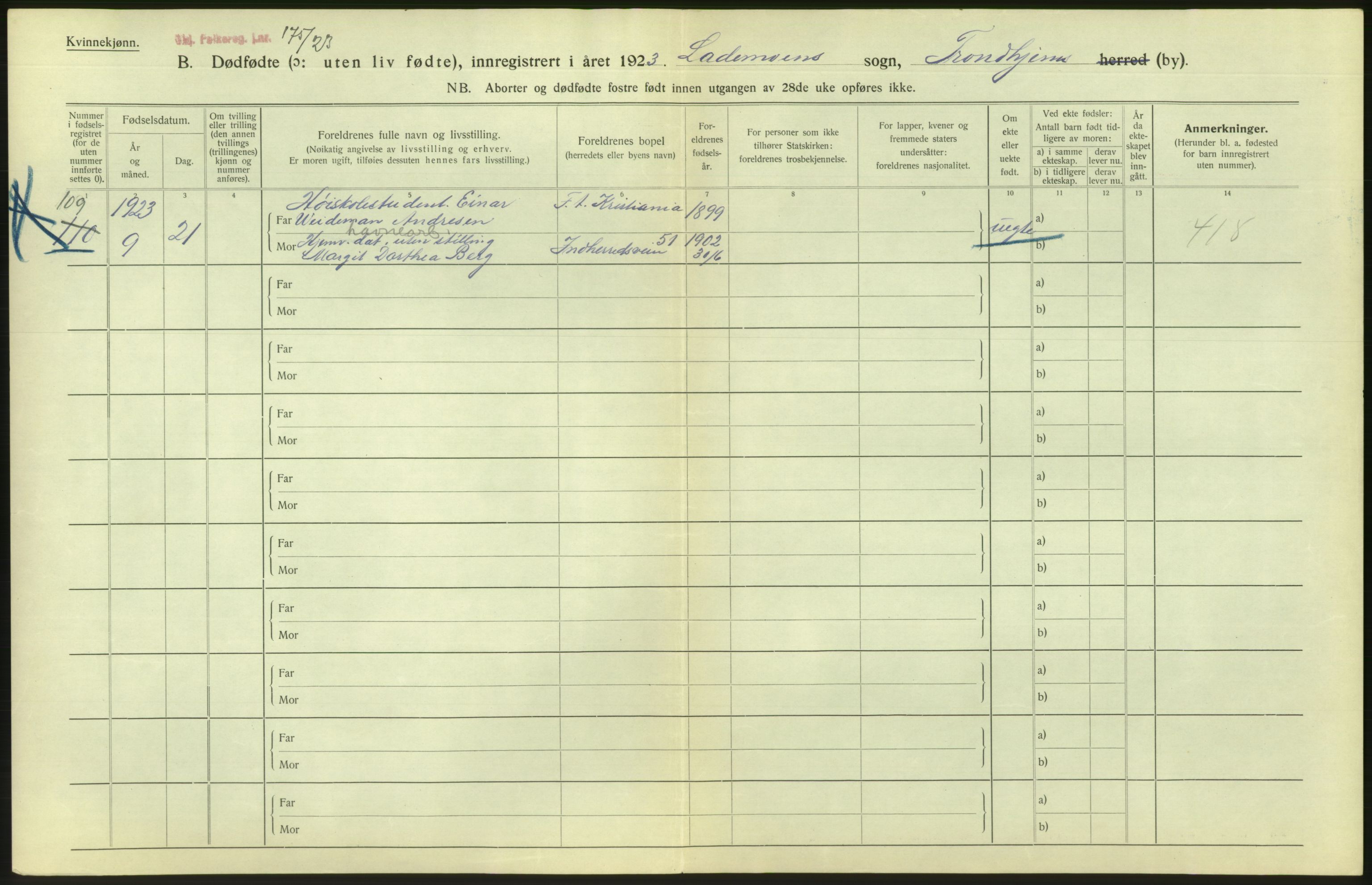 Statistisk sentralbyrå, Sosiodemografiske emner, Befolkning, AV/RA-S-2228/D/Df/Dfc/Dfcc/L0038: Trondheim: Levendefødte menn og kvinner, gifte, døde, dødfødte., 1923, p. 898