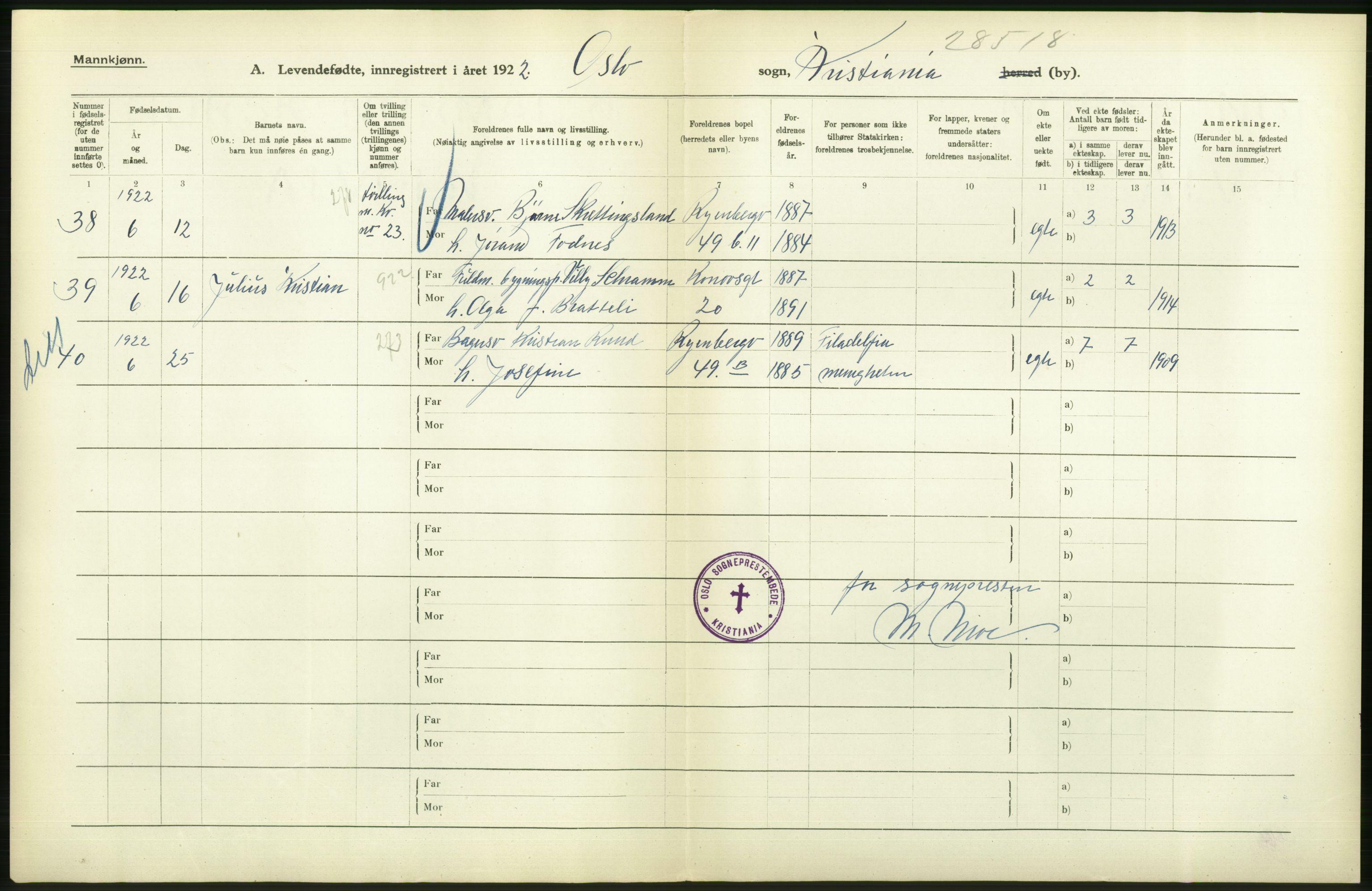 Statistisk sentralbyrå, Sosiodemografiske emner, Befolkning, AV/RA-S-2228/D/Df/Dfc/Dfcb/L0007: Kristiania: Levendefødte menn og kvinner., 1922, p. 14