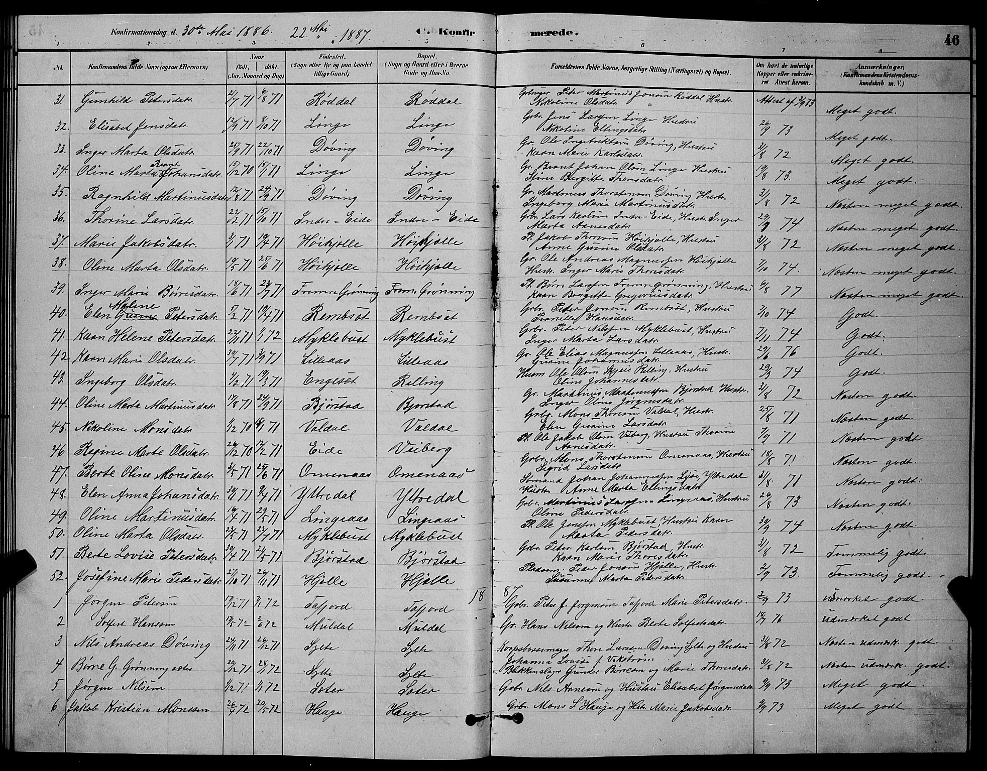 Ministerialprotokoller, klokkerbøker og fødselsregistre - Møre og Romsdal, AV/SAT-A-1454/519/L0263: Parish register (copy) no. 519C04, 1885-1892, p. 46