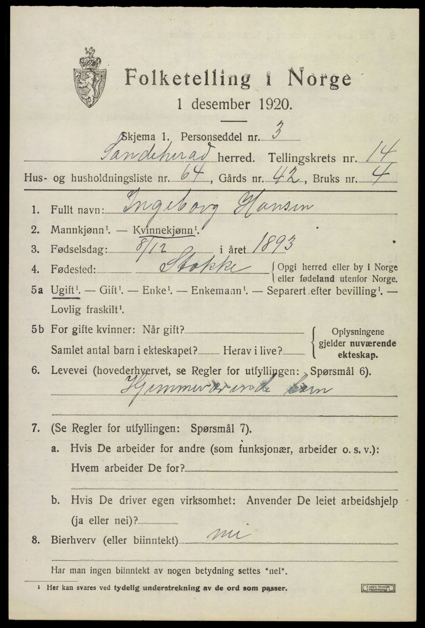 SAKO, 1920 census for Sandeherred, 1920, p. 21140