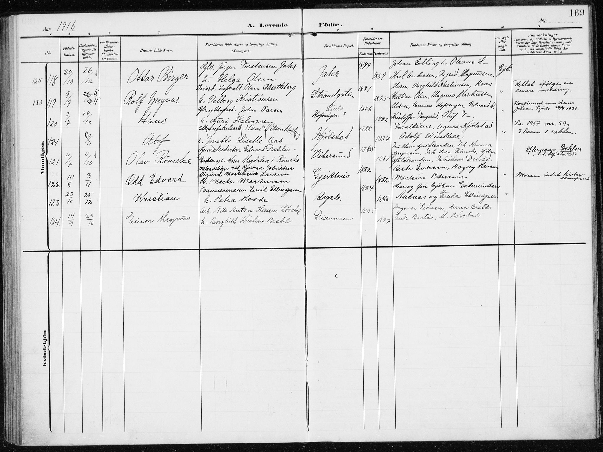 Modum kirkebøker, SAKO/A-234/F/Fa/L0014a: Parish register (official) no. 14A, 1906-1918, p. 169