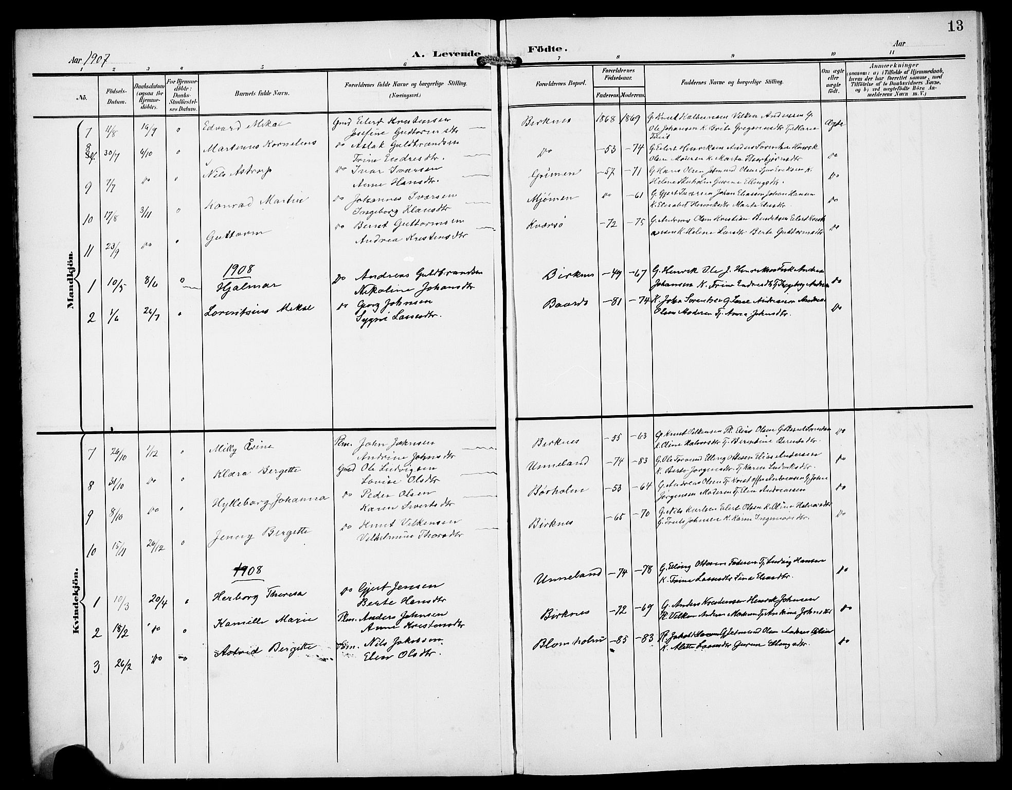 Gulen sokneprestembete, SAB/A-80201/H/Hab/Habd/L0001: Parish register (copy) no. D 1, 1901-1924, p. 13